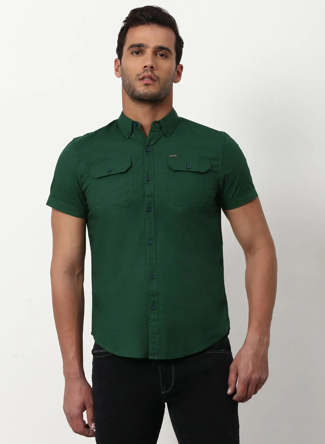 قميص ABOF بأكمام قصيرة بلون أخضر داكن