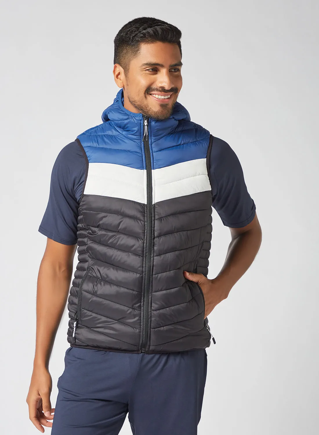 Athletiq Men's Casual Hooded And Side Pockets Detail Stripped Puffer Vest Jacket Black/White/Blue