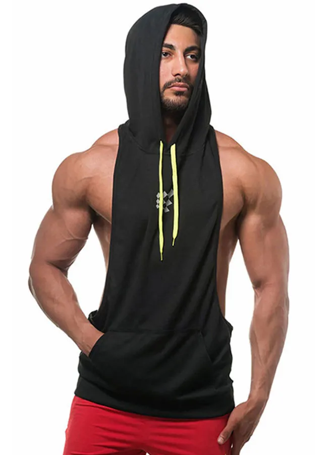 Joychic Back Printed Hooded Neck Training Vest Black