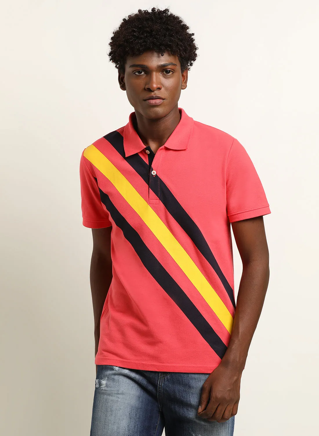 ABOF Stripes Regular Fit Collared Neck Polo Pink/Black/Yellow