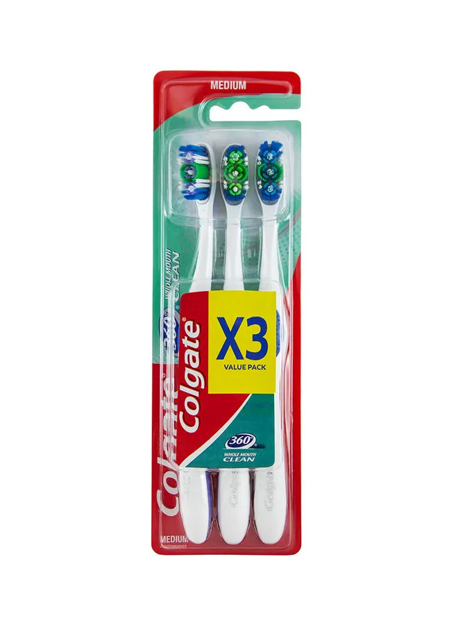 كولجيت 3 قطع 360 فرشاة أسنان لتنظيف الفم بالكامل أبيض / أخضر / أزرق