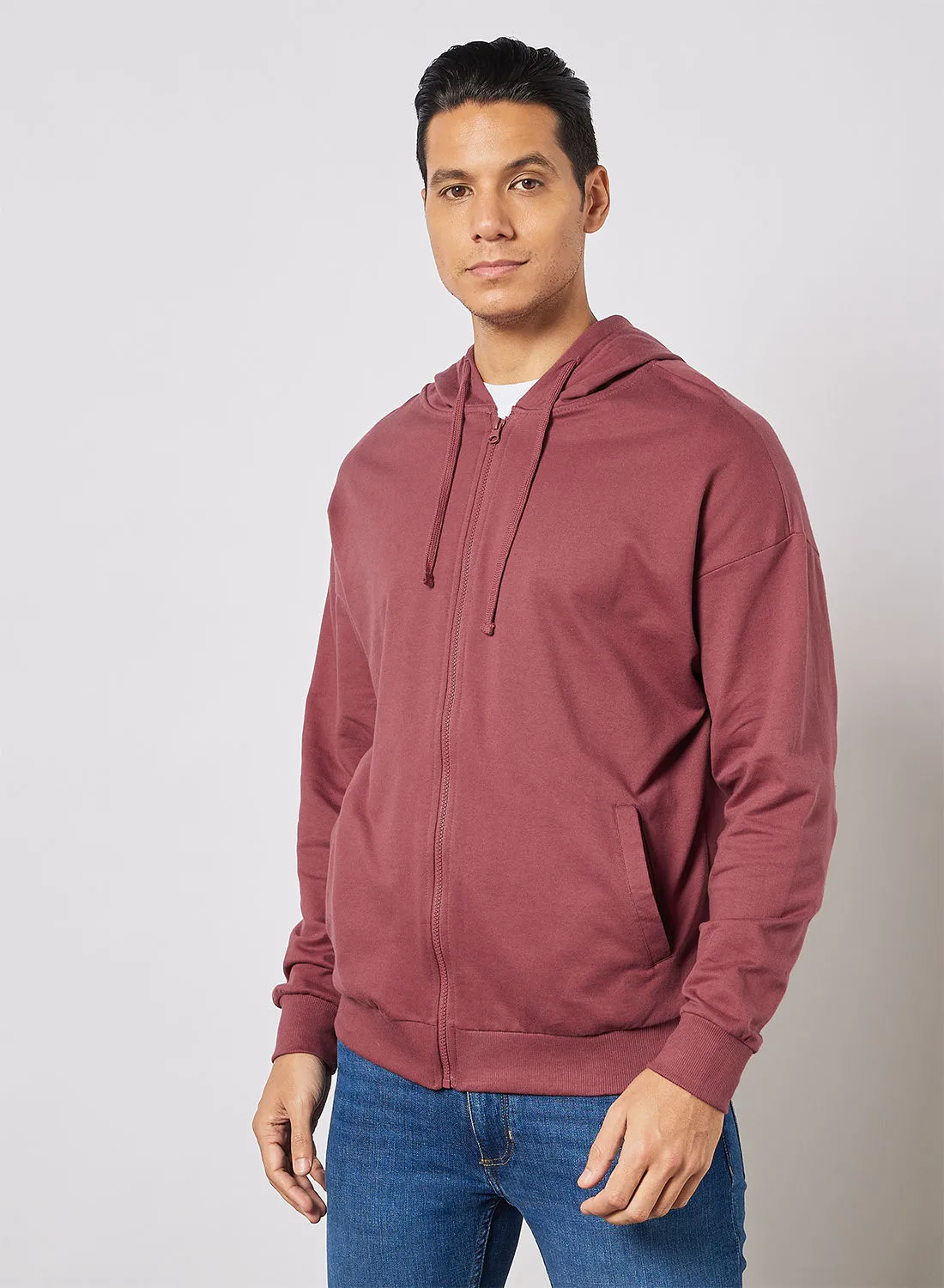 Noon East Men's Casual Hoodie With Zip and Pockets Dark Mauve