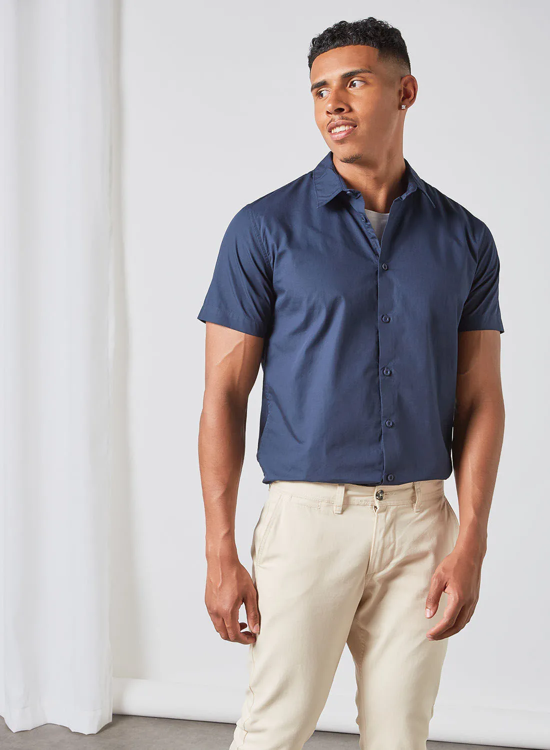 ABOF Plain Regular Fit Collared Neck Short Sleeve Shirt Light Navy Blue