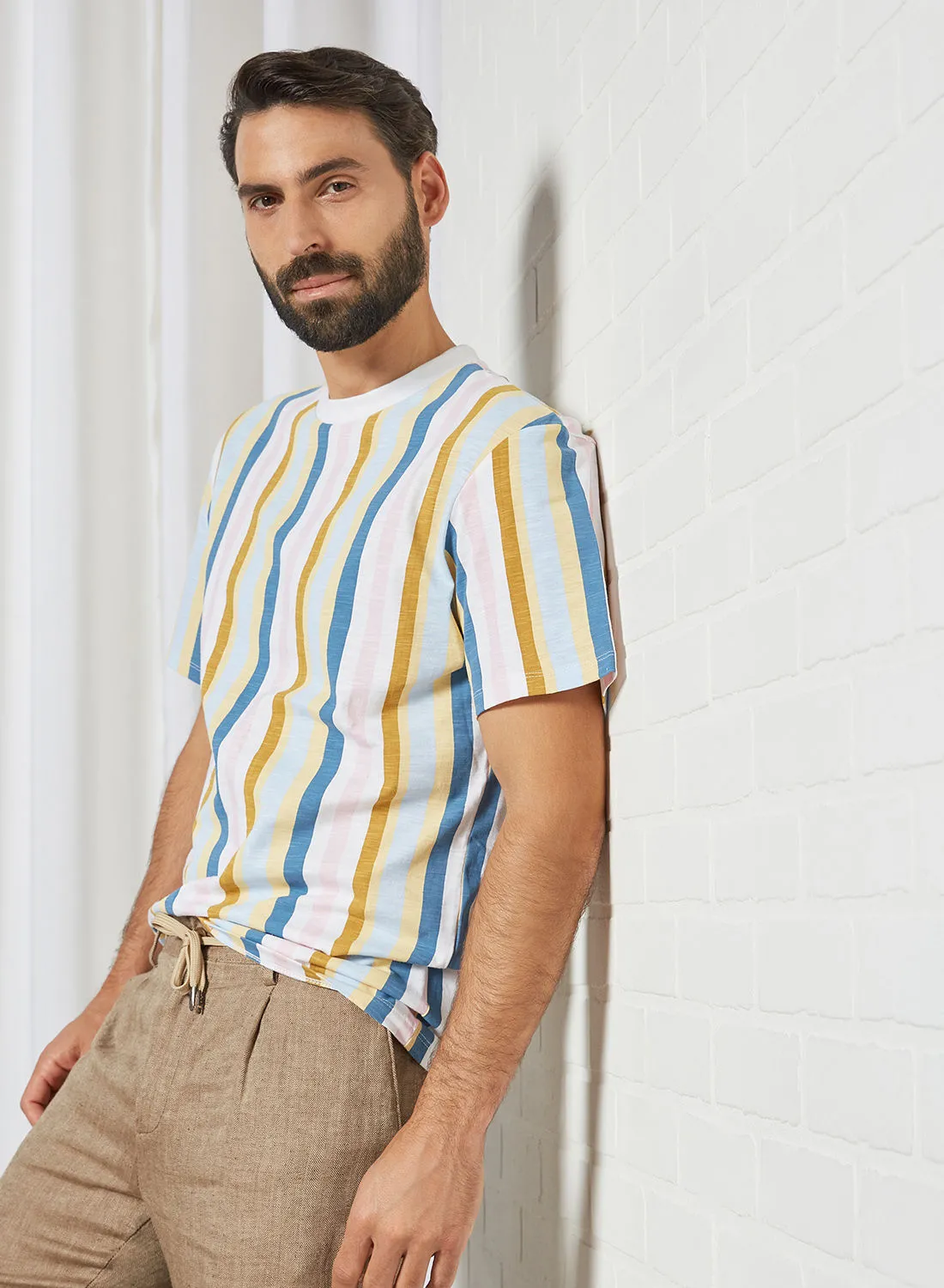 STATE 8 All-Over Stripe T-Shirt أزرق فاتح / مخطط رملي