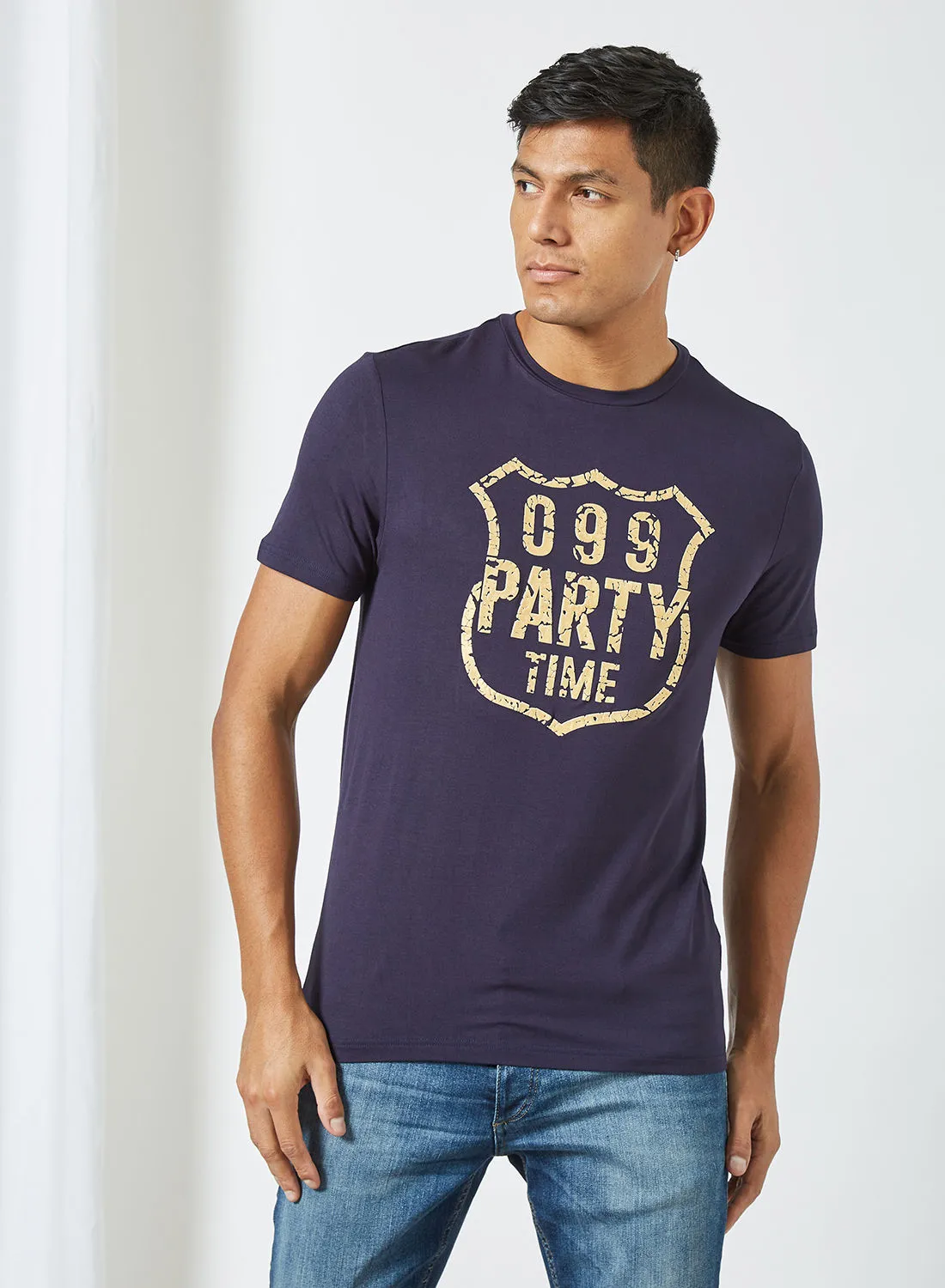 DRIP Printed Round Neck T-Shirt Dark Navy Blue