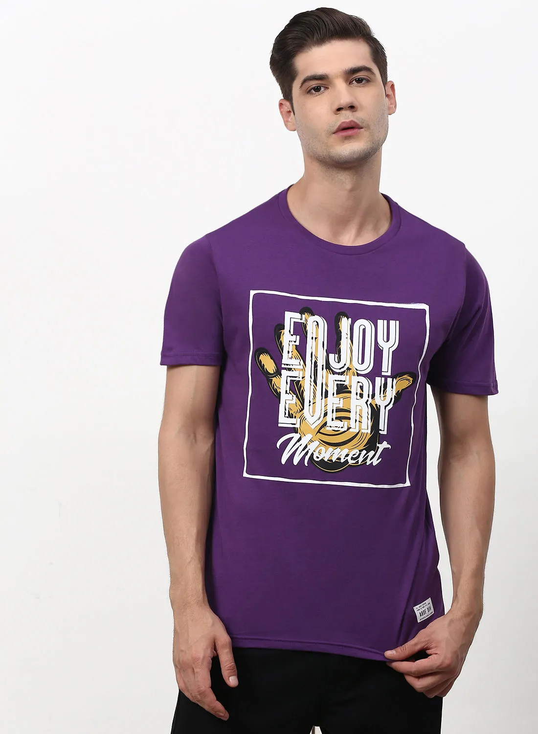 ABOF Enjoy Every Moment Printed Crew Neck T-Shirt Purple/White/Yellow