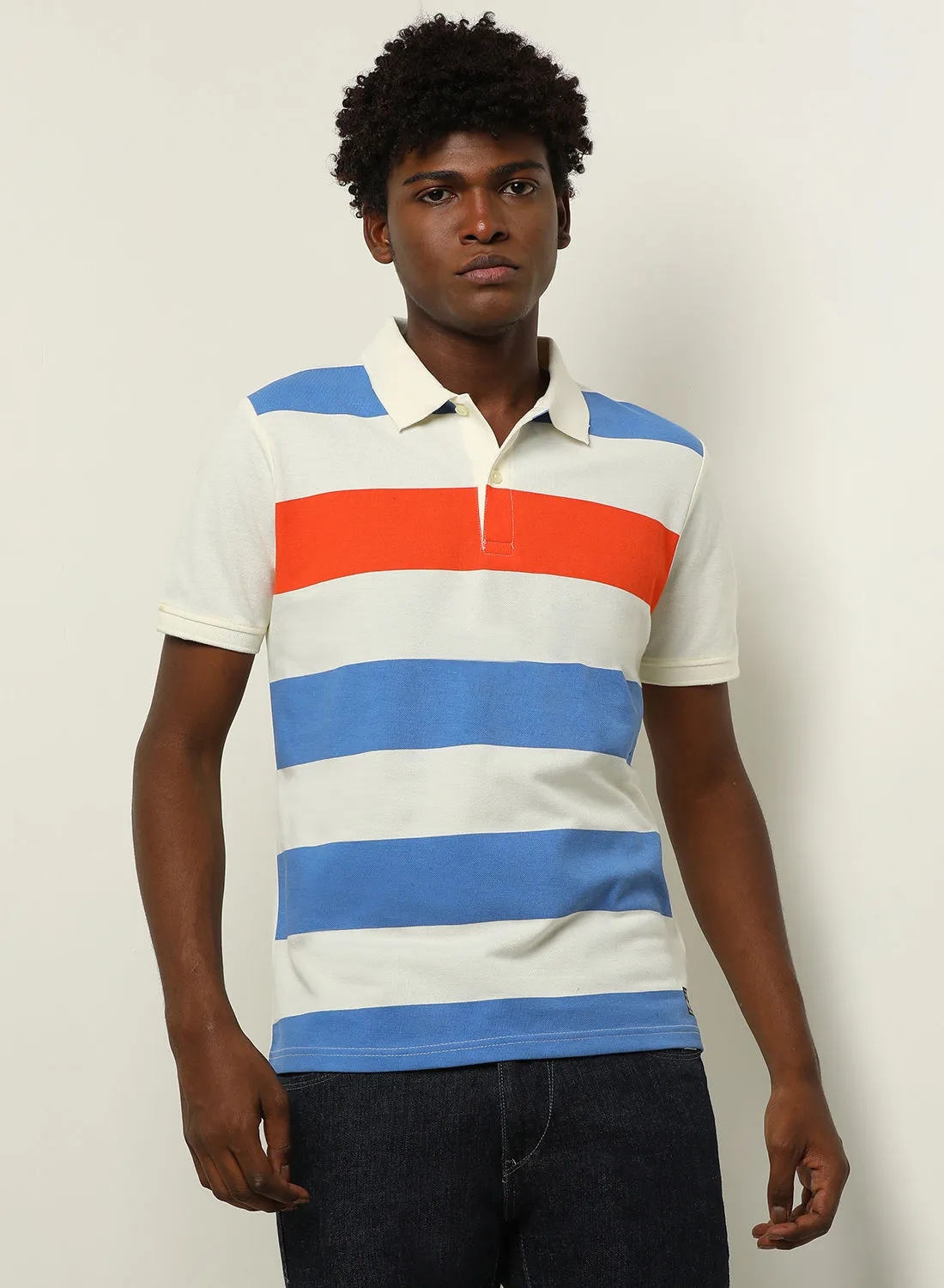 ABOF Stripes Regular Fit Collared Neck Polo White/Blue/Orange