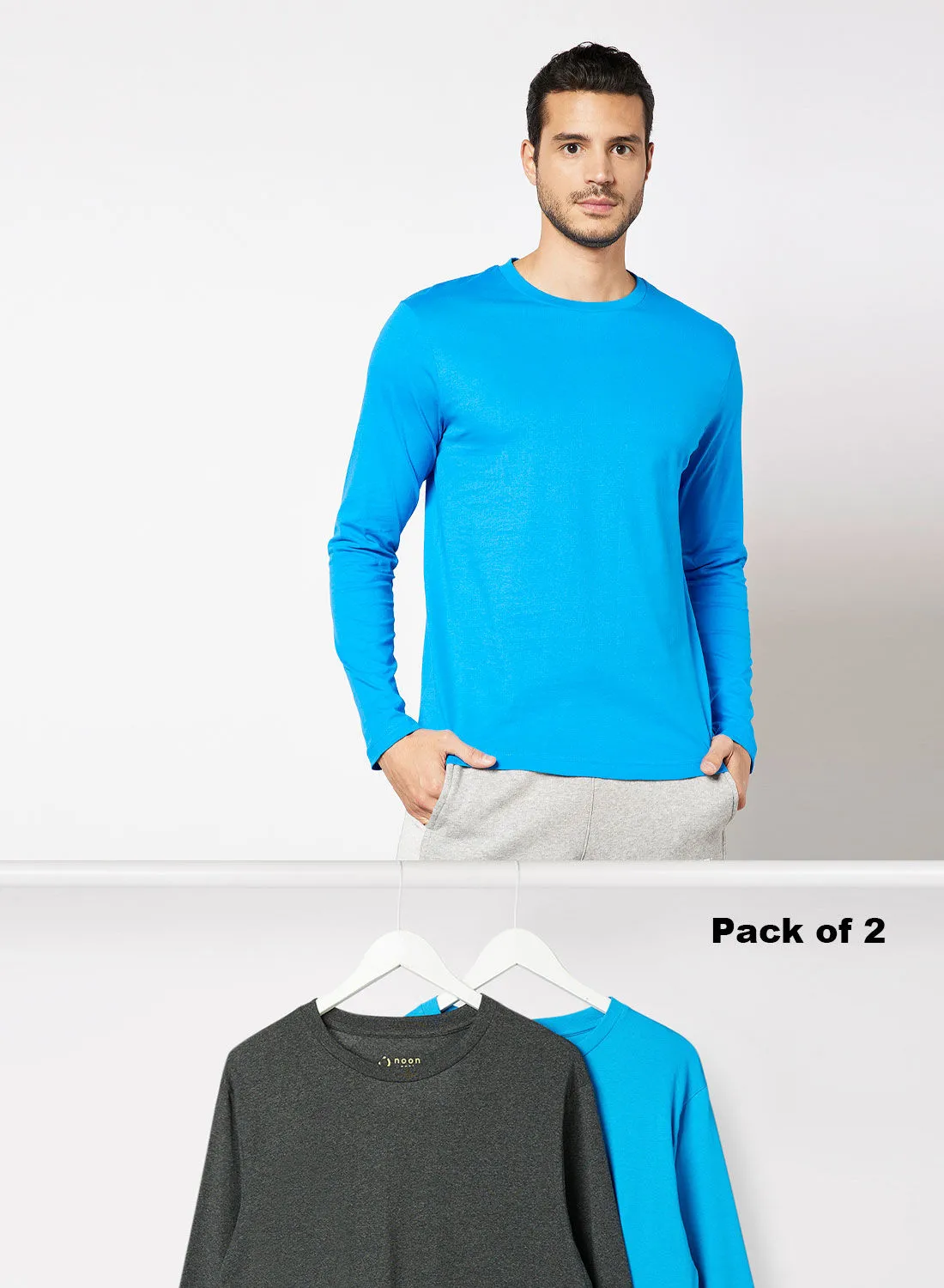 Noon East Pack Of 2 Men's Basic Crew Neck Cotton Biowashed Fabric Comfort Fit Stylish Design T-Shirt Charcoal Melange/Blue