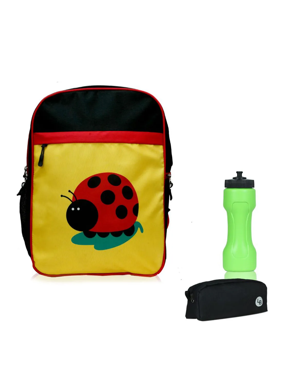 LIONBONE Ladybug Printed Polyester Kids Backpack with zip closure Ideal for 6-8 years age group, Plastic Sipper And Polyester Pouch Yellow/Black/Green
