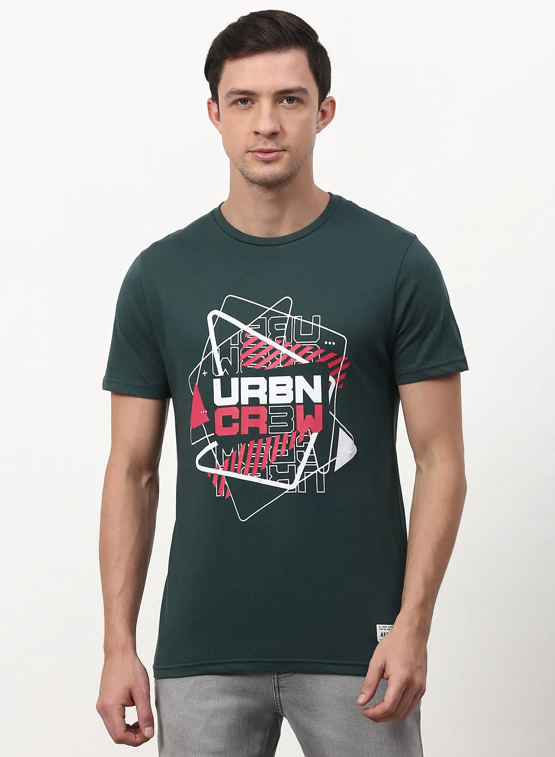 ABOF Urbn Crew Neck Printed Regular Fit T-Shirt Green