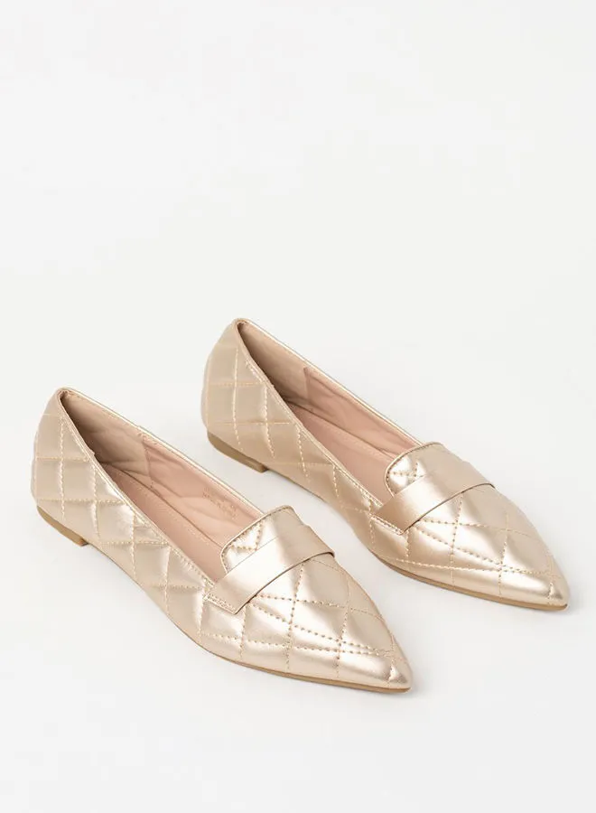 Jove Quilted Pattern Pointed Toe Ballerina Gold