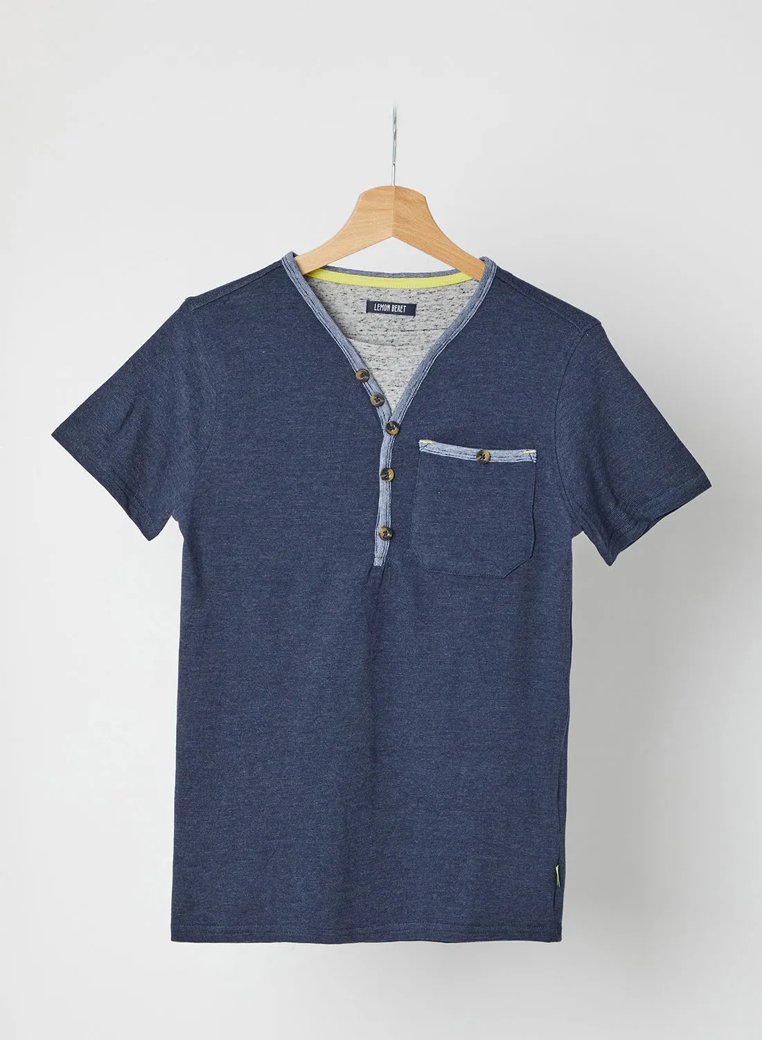 Lemon Beret Solid Design Short Sleeves T-Shirt Blue Melange