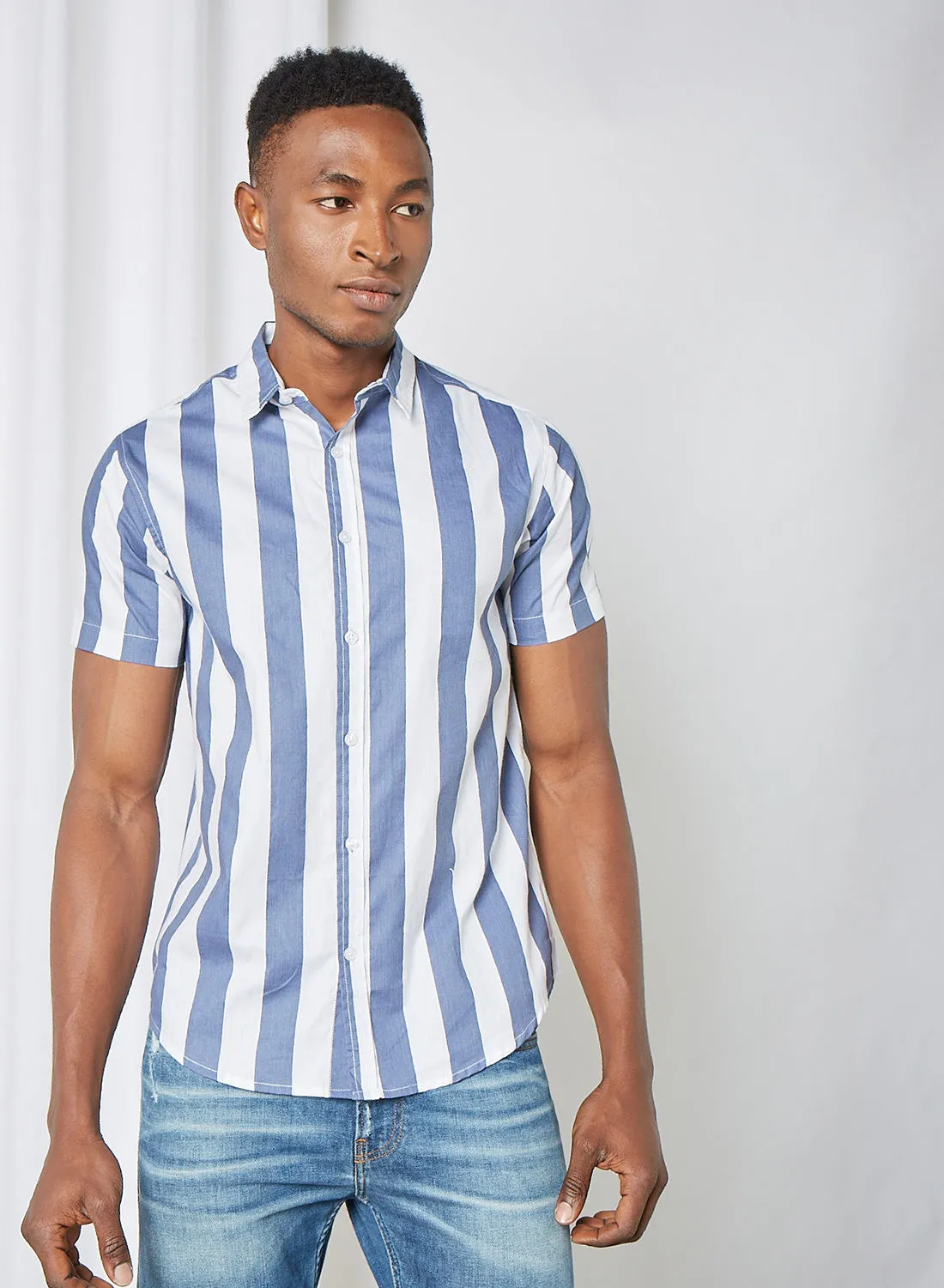 BRAVE SOUL Striped Shirt Mid Blue/Optic White