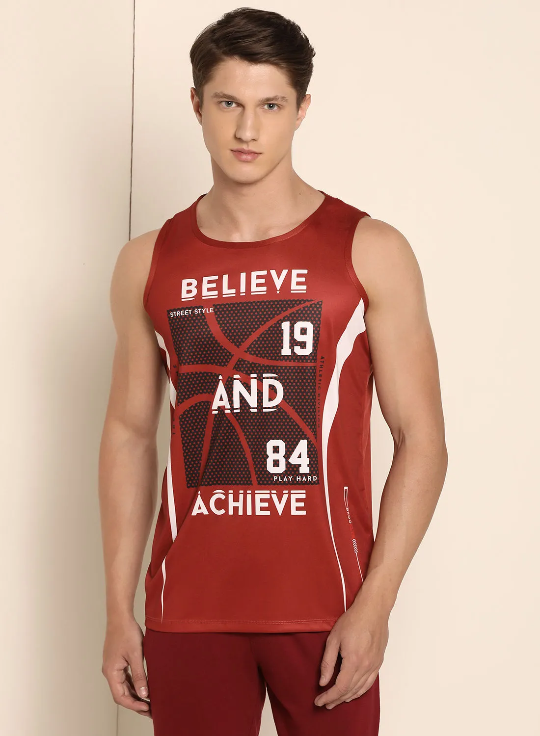 ABOF Basic Round Neck Believe And Achieve Printed Vest Pompeian Red/White Prints
