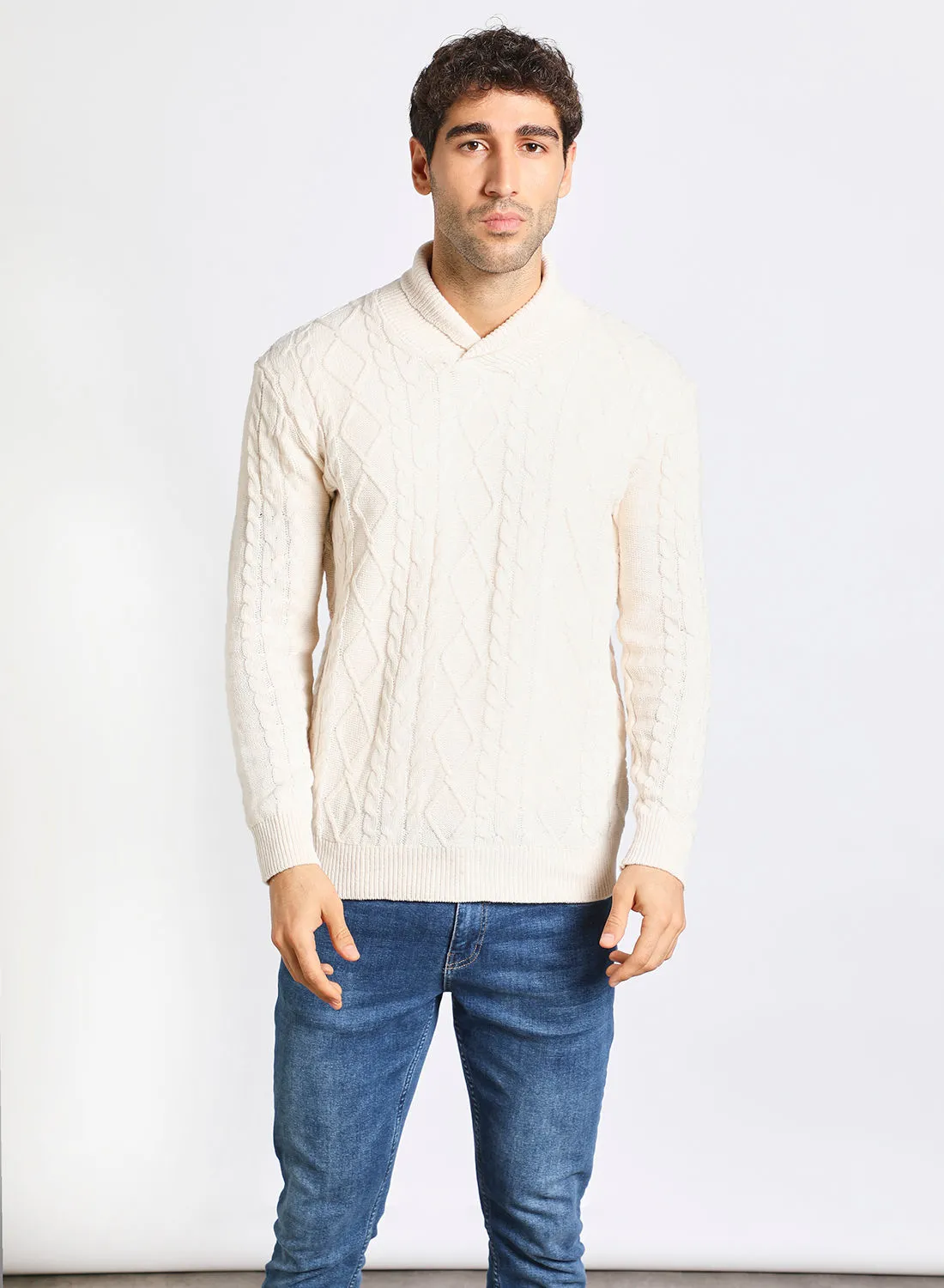 Noon East Men's Solid Plain Knitted Patterned Full Sleeves Sweater For Winters , Round Neck Full Sleeves Beige