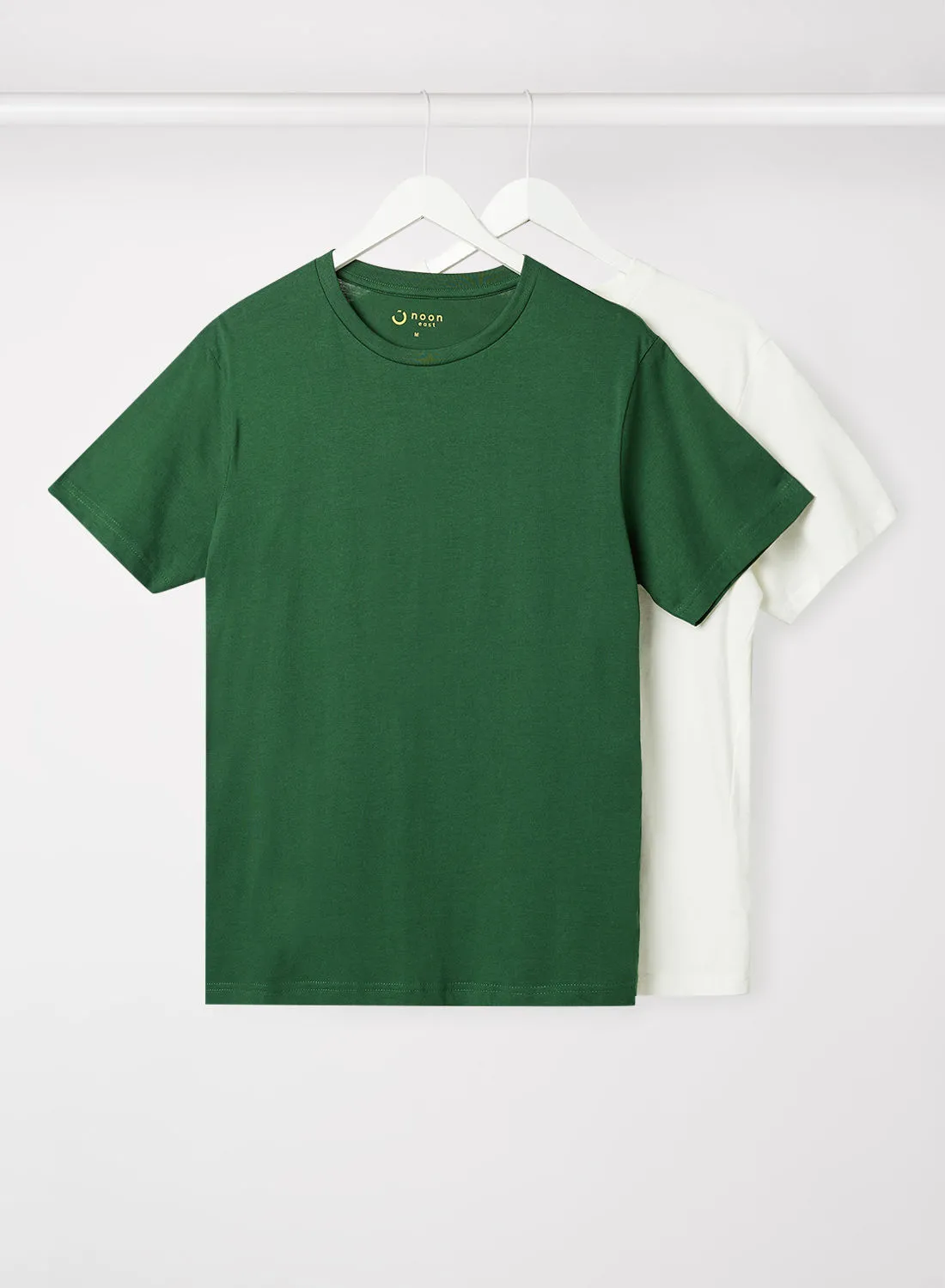 Noon East Pack Of 2 Men's Basic Cotton Biowashed Fabric Crew Neck Comfort Fit Stylish Design T-Shirt Dark Green/White