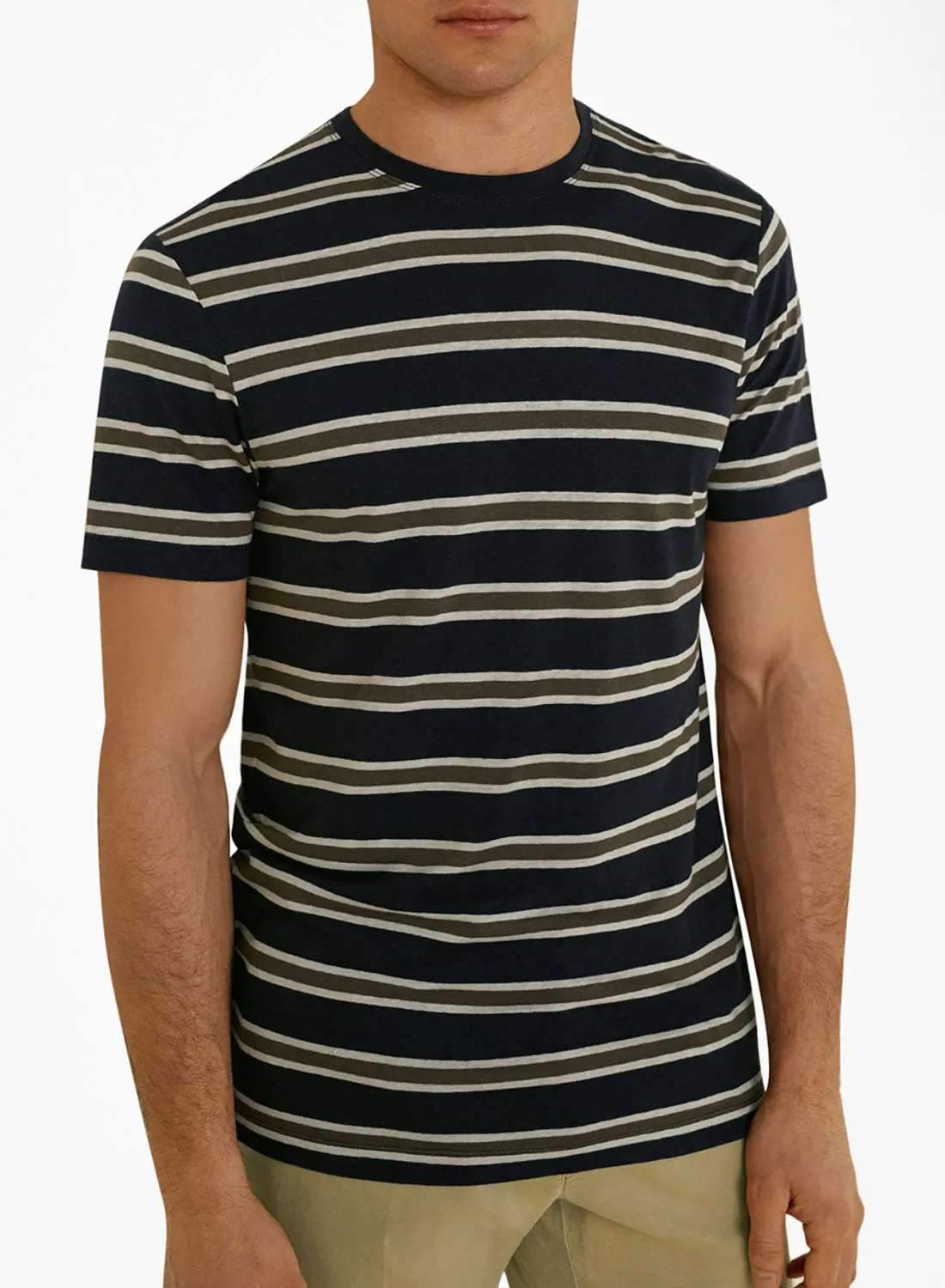 Mango Man Short Sleeve Multi Striped Linen T-Shirt 99Black