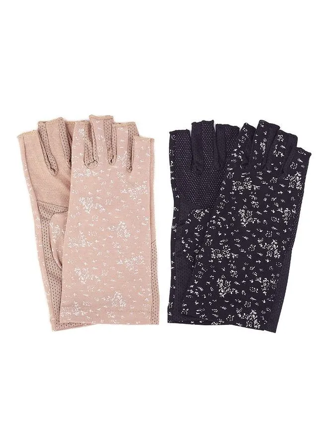 XiuWoo 2 Pair Casual Printed Gloves Black/Beige