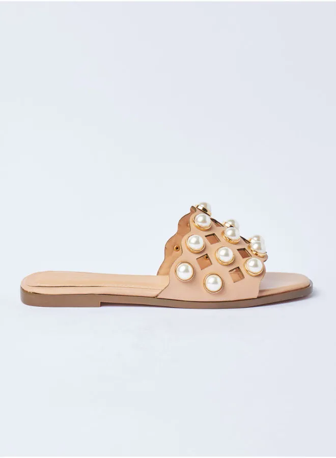 Aila Imitation Pearls Embedded Slip-On Sandals Beige