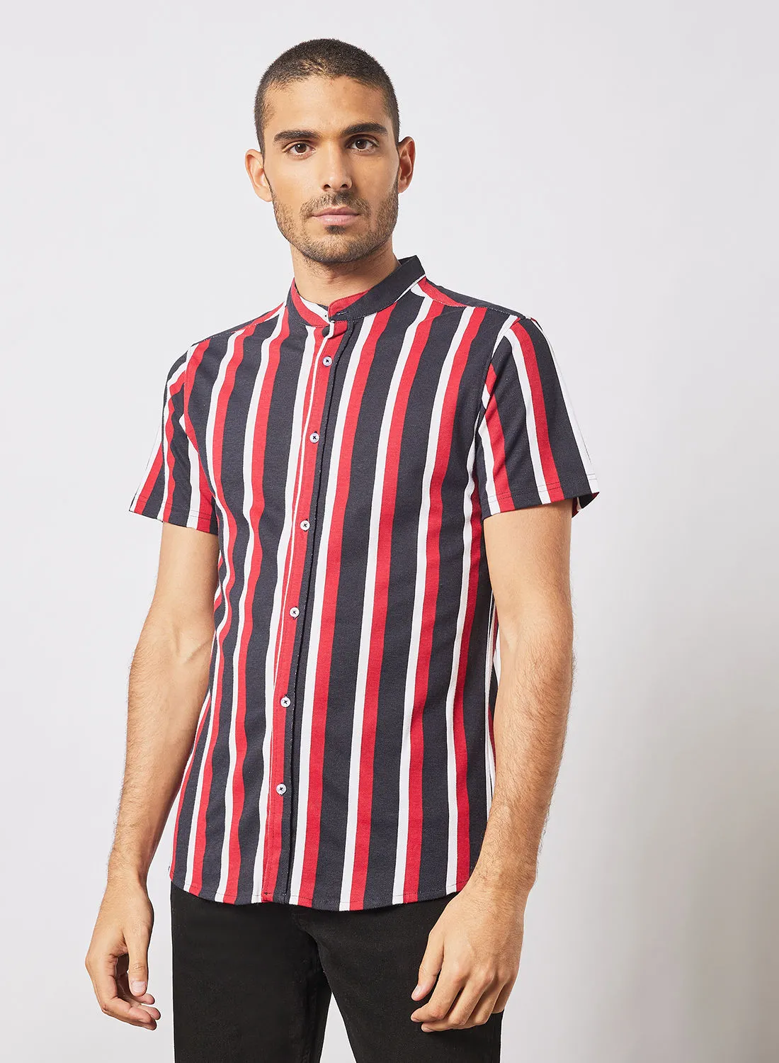 R&B Slim Fit Striped Knit Shirt With Mandarin Collar And Short Sleeves Red