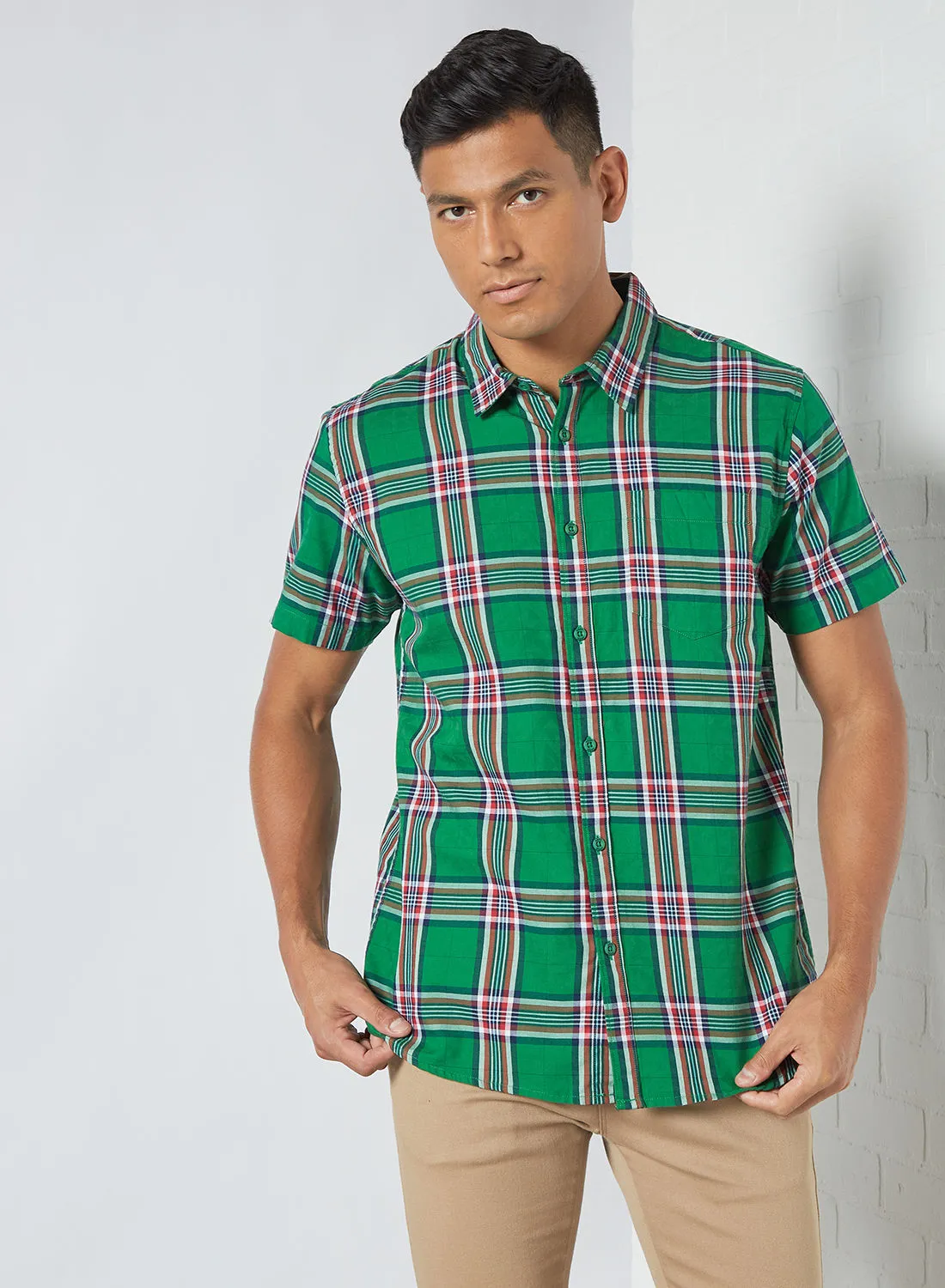 ABOF Checkered Pattern Slim Fit Collared Neck Short Sleeve Shirt Green/Pink