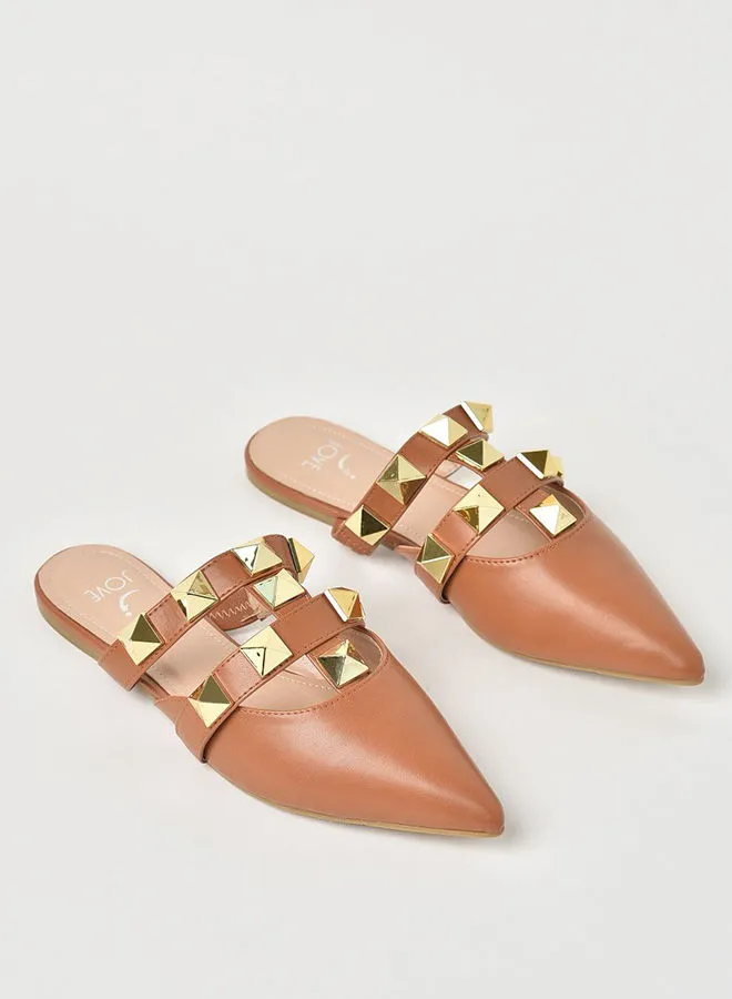 Jove Embellished Pointed Toe Mules Tan/Gold