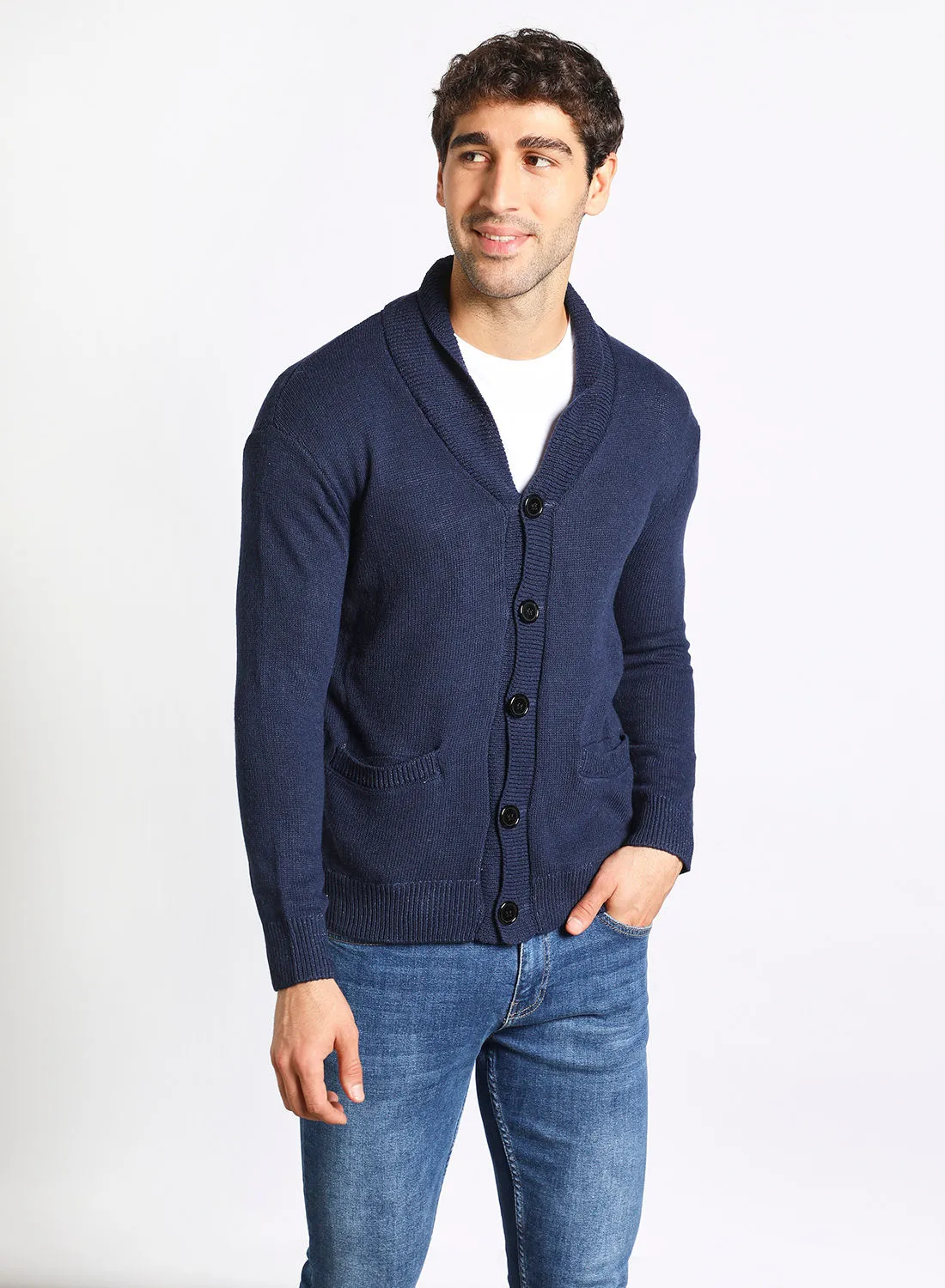 Noon East Men's Knitted Solid Button Detailed Wide Collar Full Sleeves Cardigans For Winters Blue