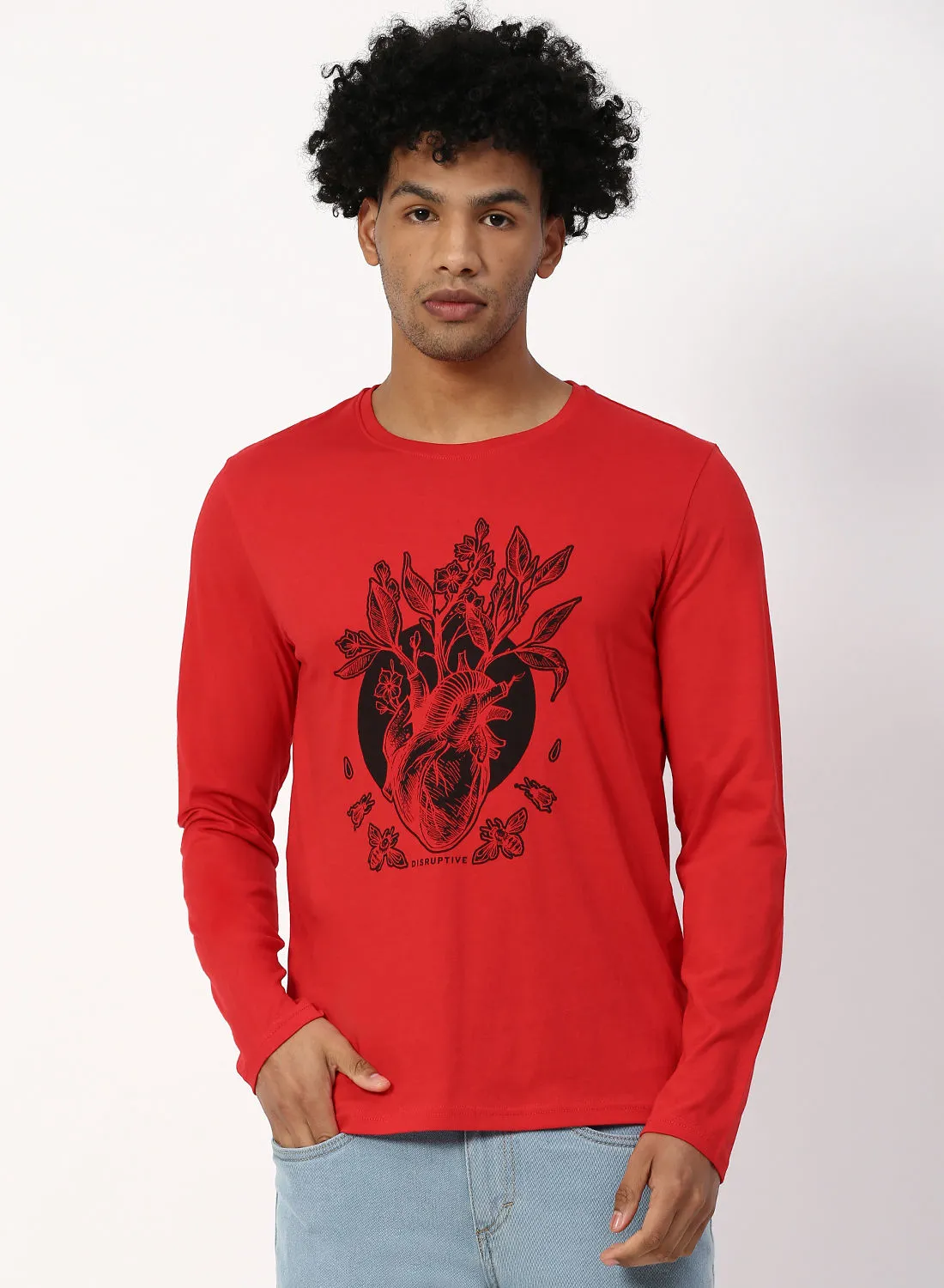 QUWA Placement Printed Casual T-Shirt Red