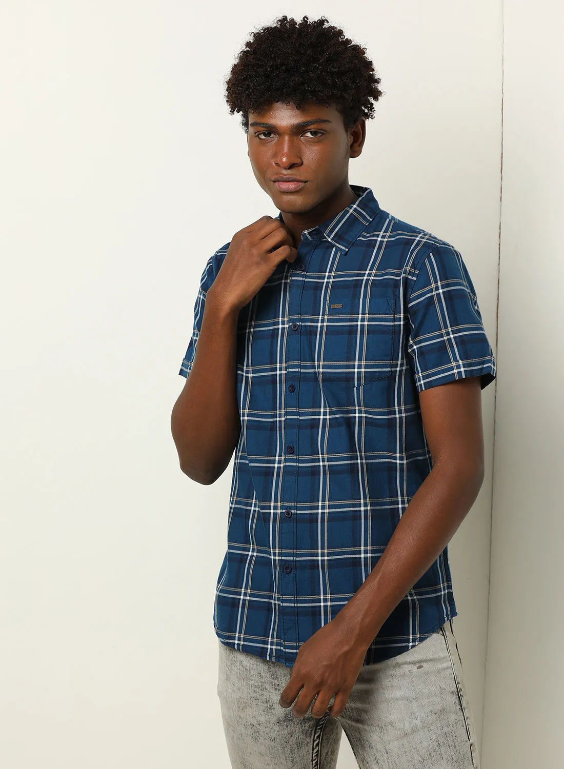 ABOF Checkered Pattern Regular Fit Collared Neck Short Sleeve Shirt Midnight Blue/White