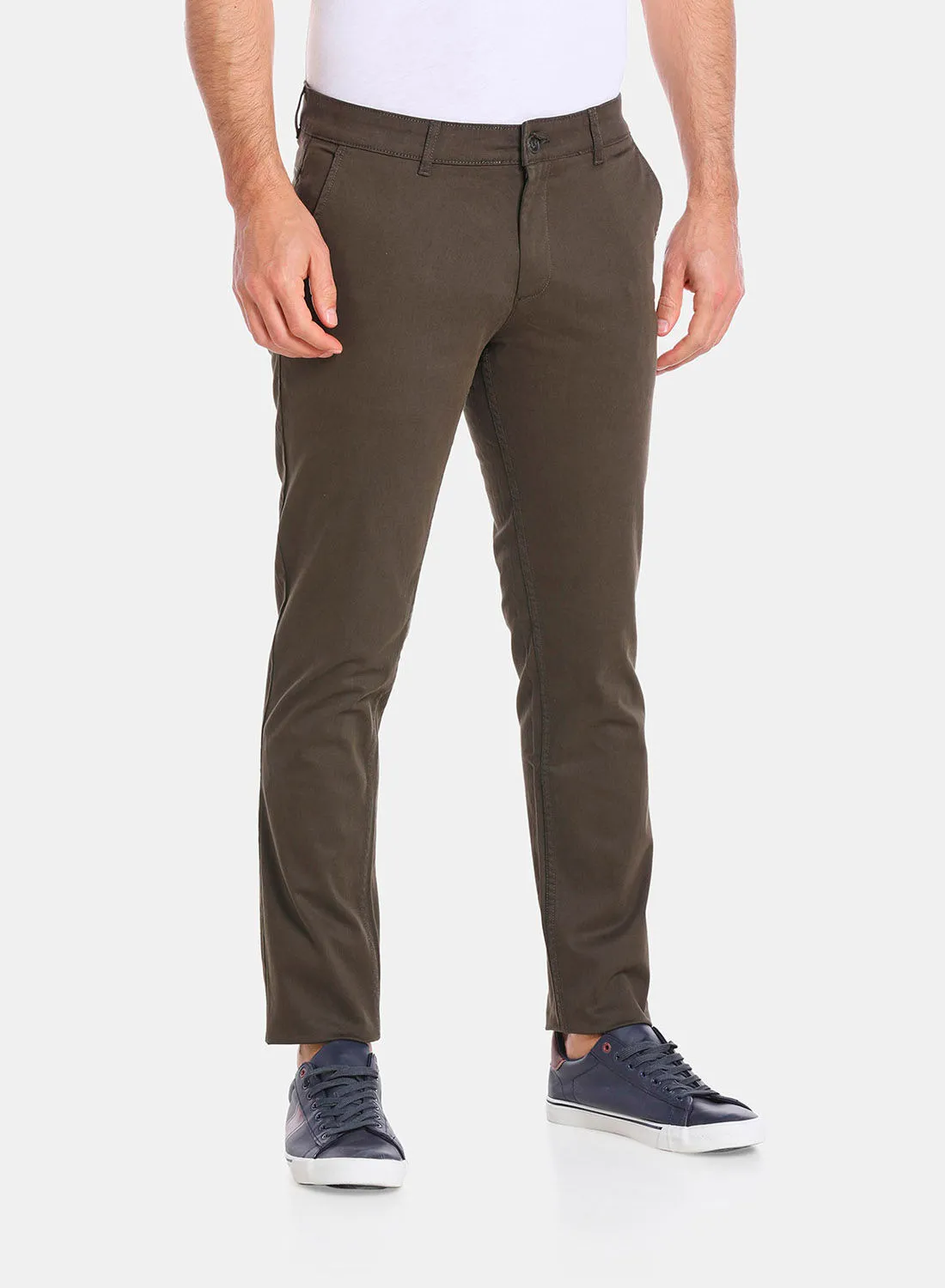 R&B Solid Slim Fit Full Length Chinos Olive Green