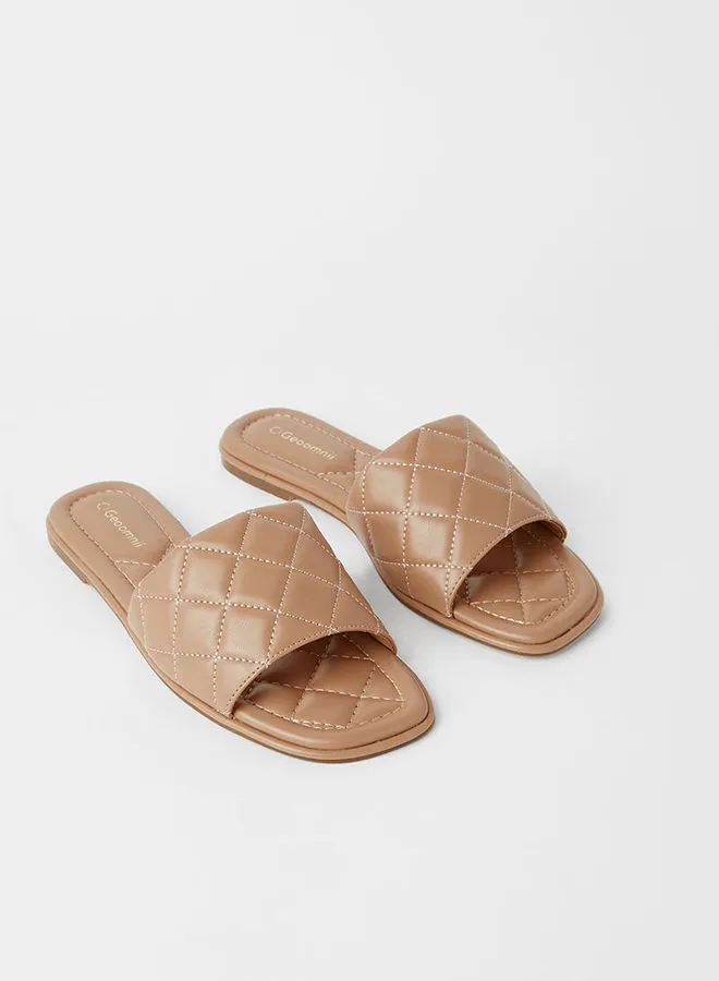 Geoomnii Essen Quilting Detail Flat Sandals Tan