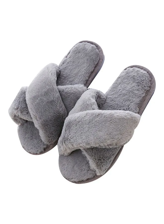 Generic Faux Fur Open Toe Flat Slippers Grey