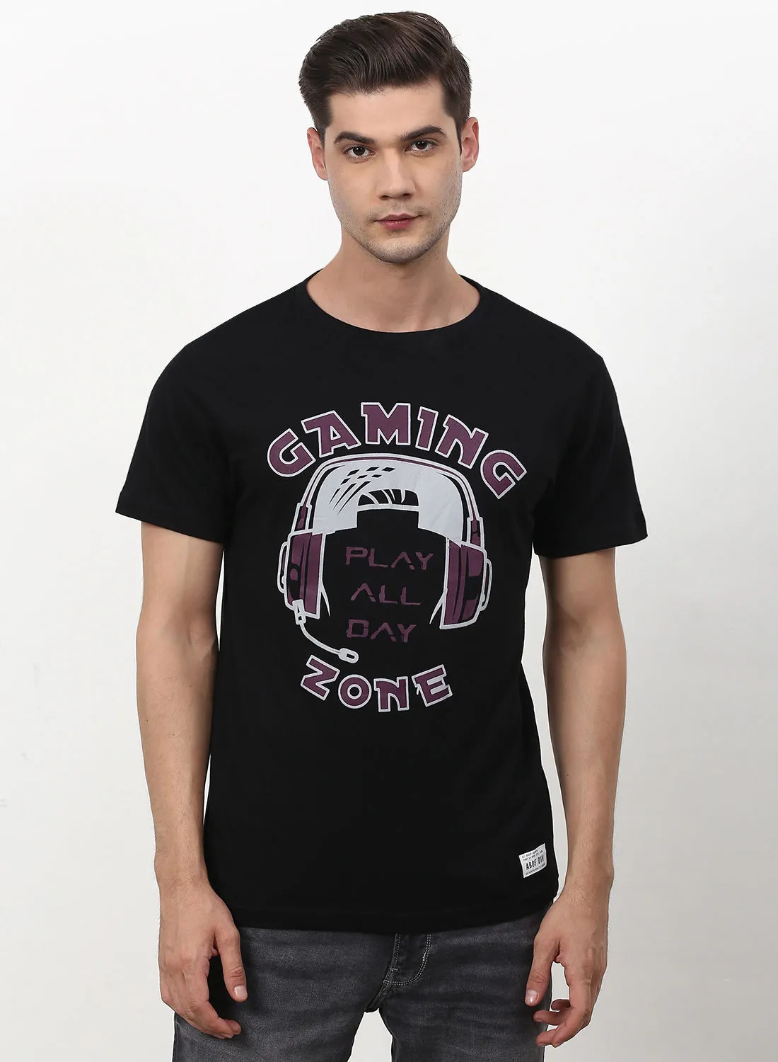 ABOF Gaming Zone Printed Regular Fit Crew Neck T-Shirt Jade Black