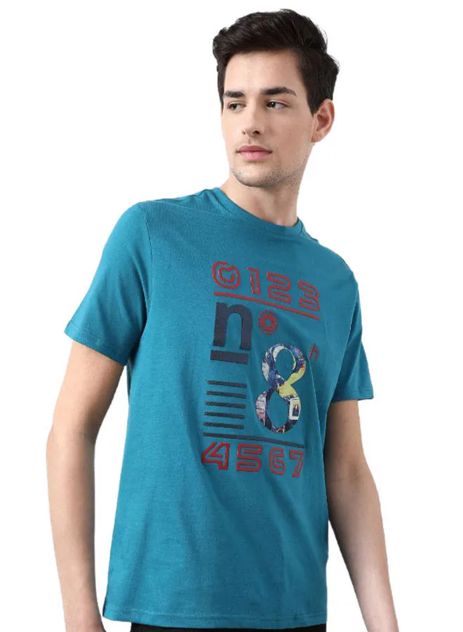 DRIP Printed Regular Fit Crew Neck T-Shirt Teal Blue