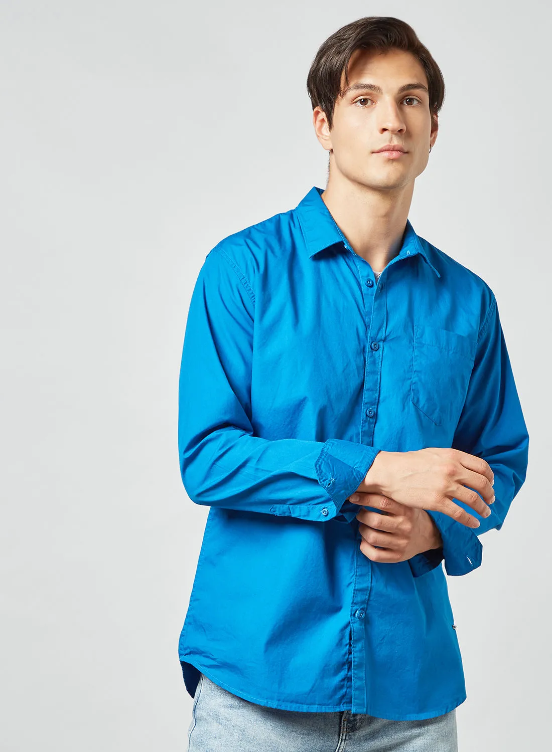 ABOF قميص كاجوال عصري ذو ياقة عادية وياقة عادية أزرق فراشة داكن