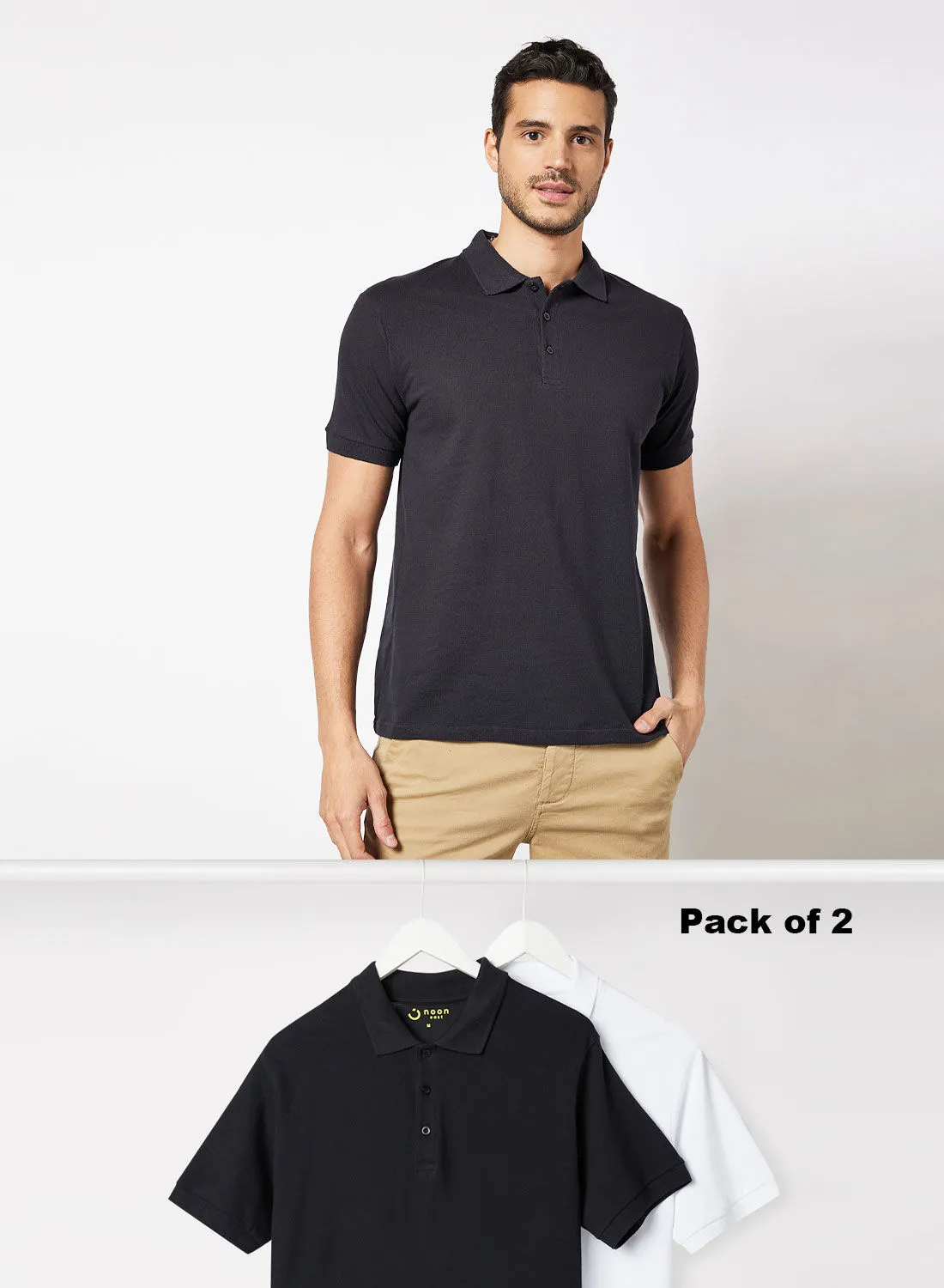 Noon East Pack Of 2 Men's Basic Casual Polo Neck Cotton Regular Fit Half Sleeve T-Shirt White/Black