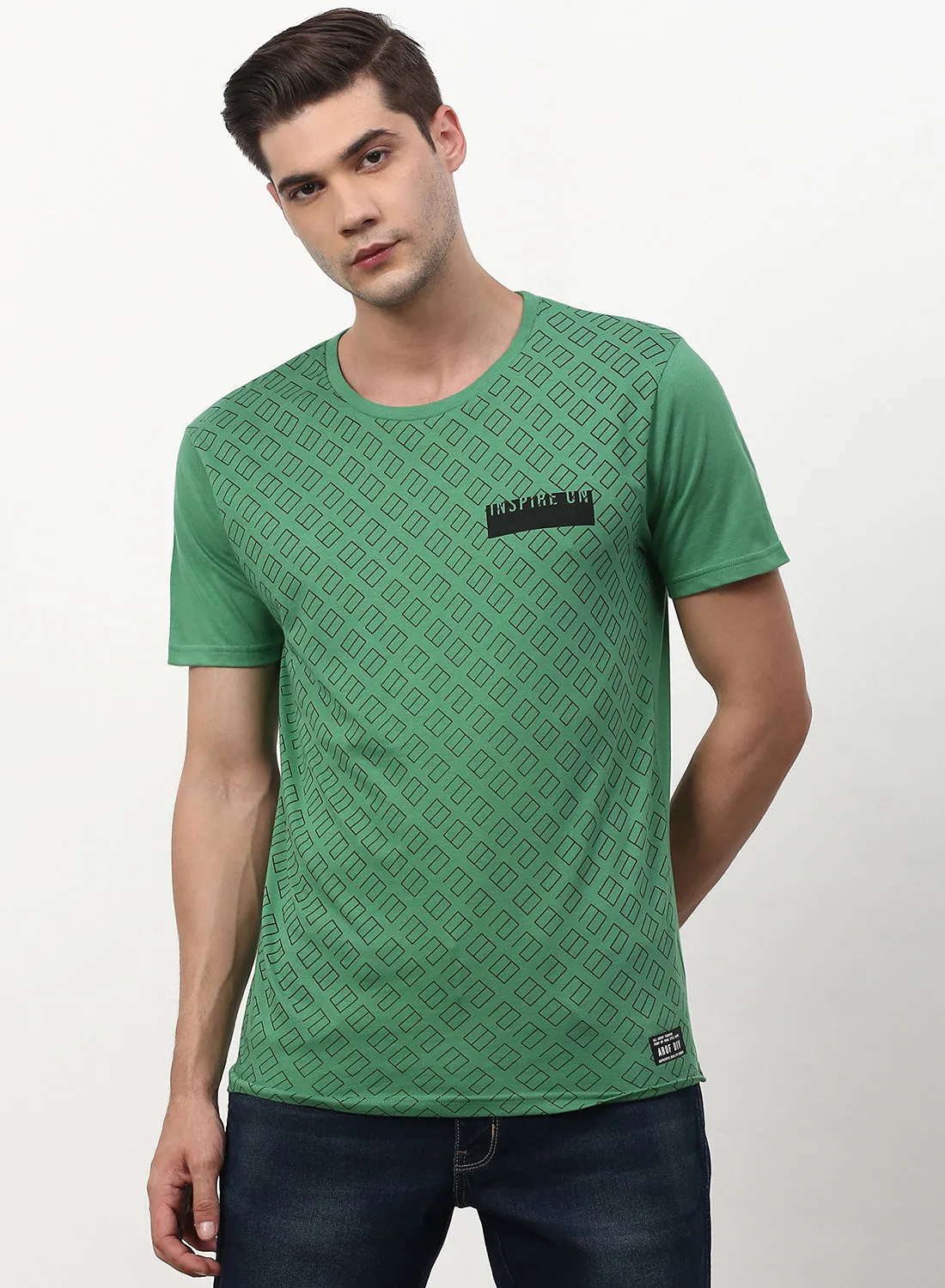 ABOF All Over Printed Regular Fit Crew Neck T-Shirt Jade Green