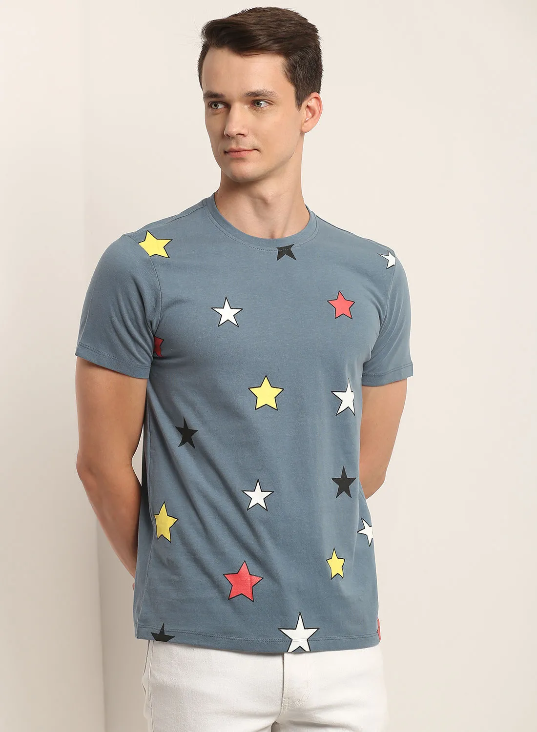 QUWA Men casual slim fit all over stars printed T-shirt Blue