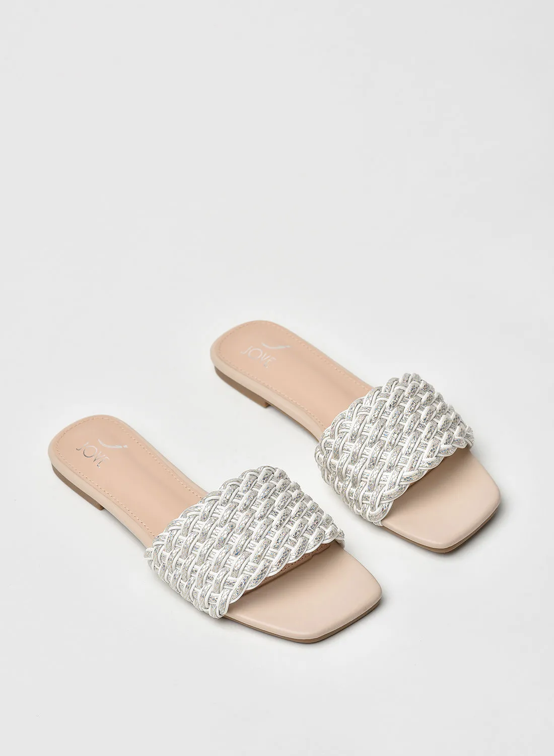 Jove Stylish Elegant Flat Sandals Silver/White