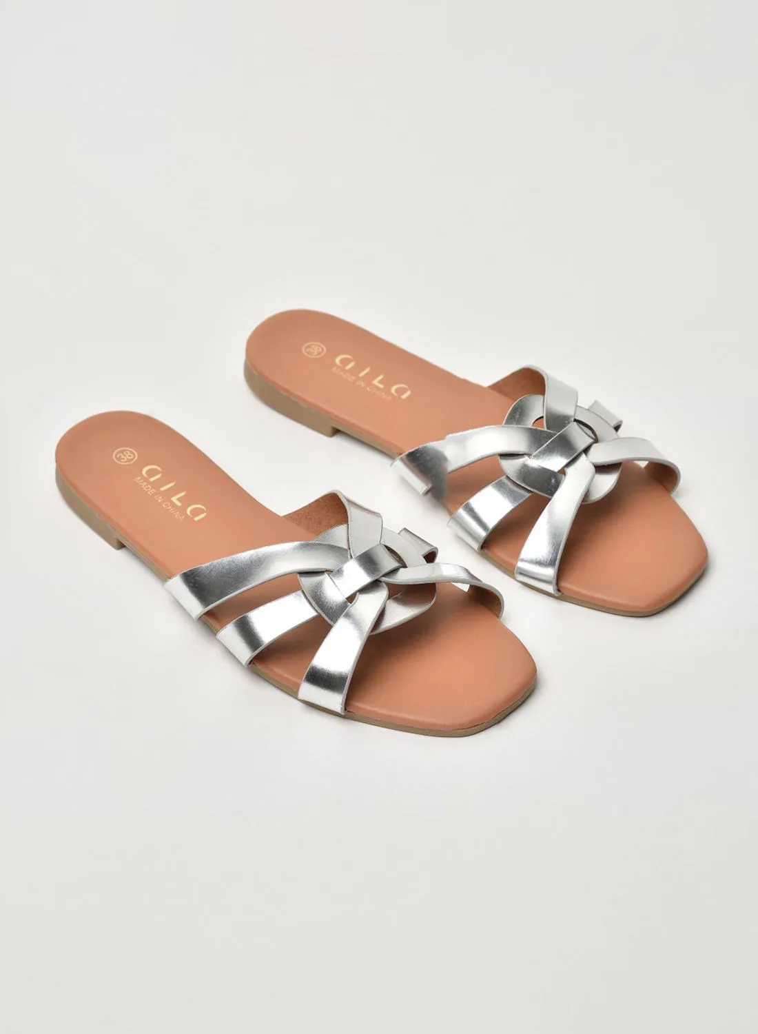 Aila Criss-Cross Strap Flat Sandals Silver