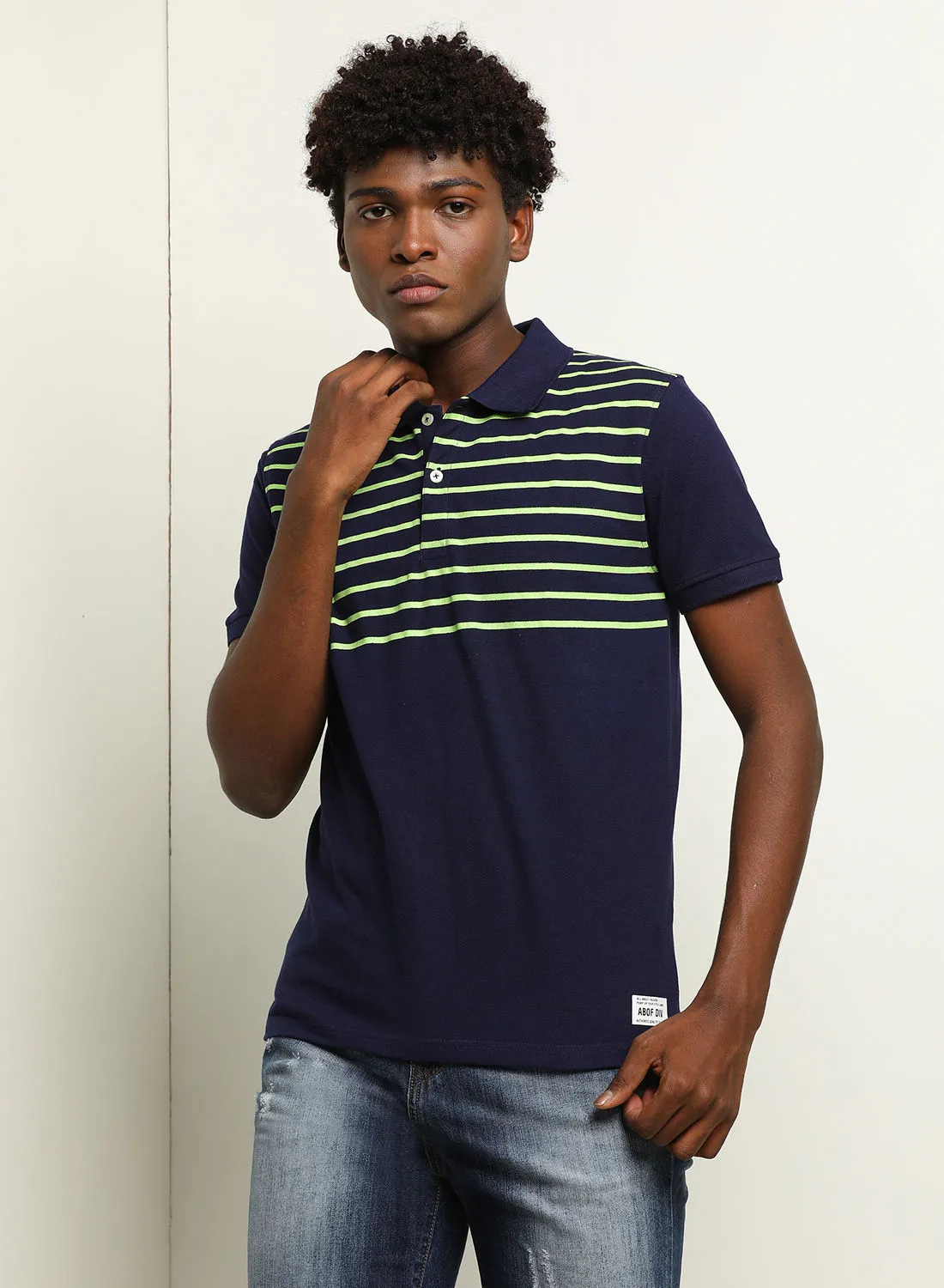 ABOF Stripes Regular Fit Collared Neck Polo Navy Blue/Green