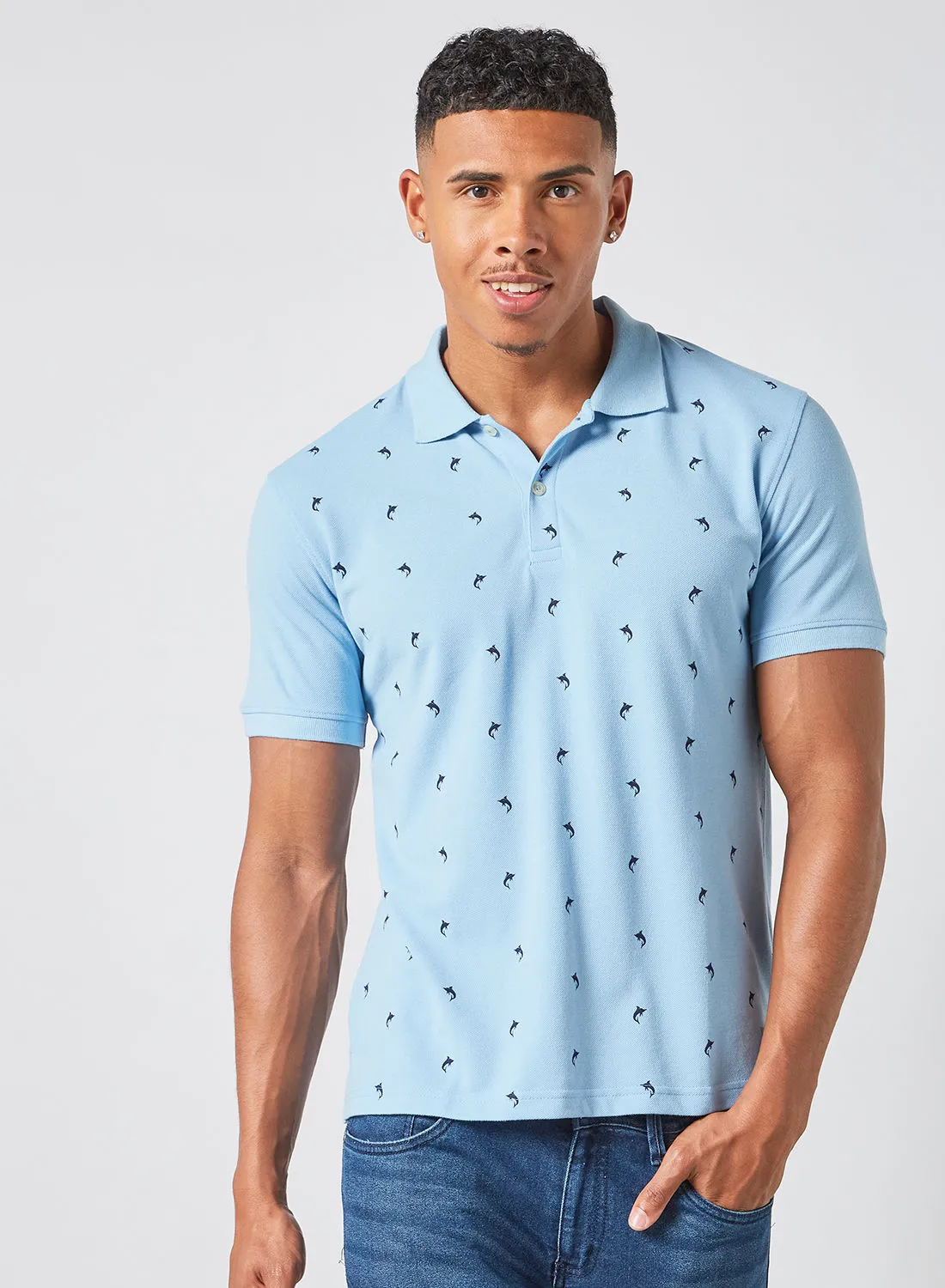 ABOF Printed Regular Fit Collared Neck Polo Blue/Black