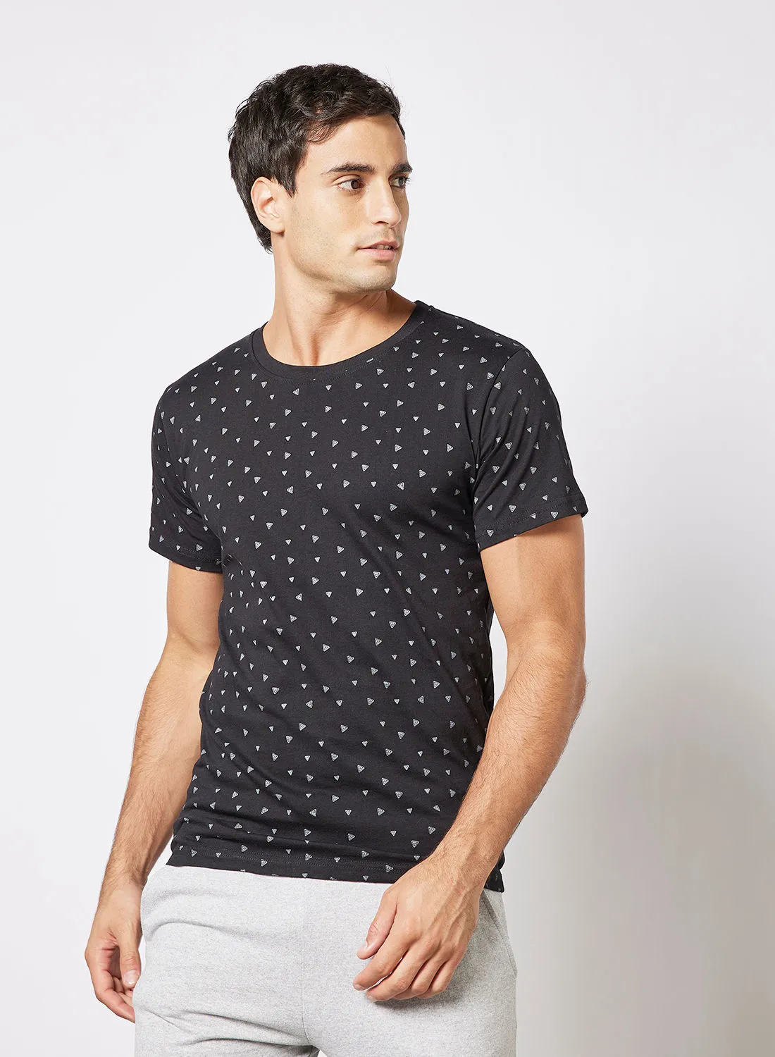 QUWA Casual All Over Printed Cotton Slim Fit Short Sleeves Crew Neck T-shirt Black