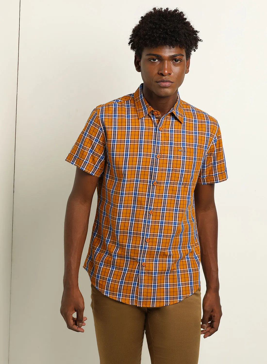 ABOF Checkered Pattern Slim Fit Collared Neck Short Sleeve Shirt Carrot Orange/Blue