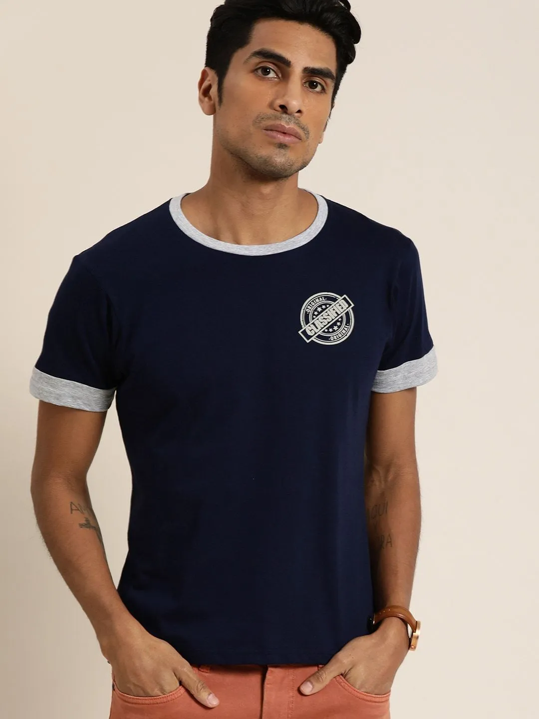 Moda Rapido Printed Crew Neck Casual T-Shirt Blue/Grey