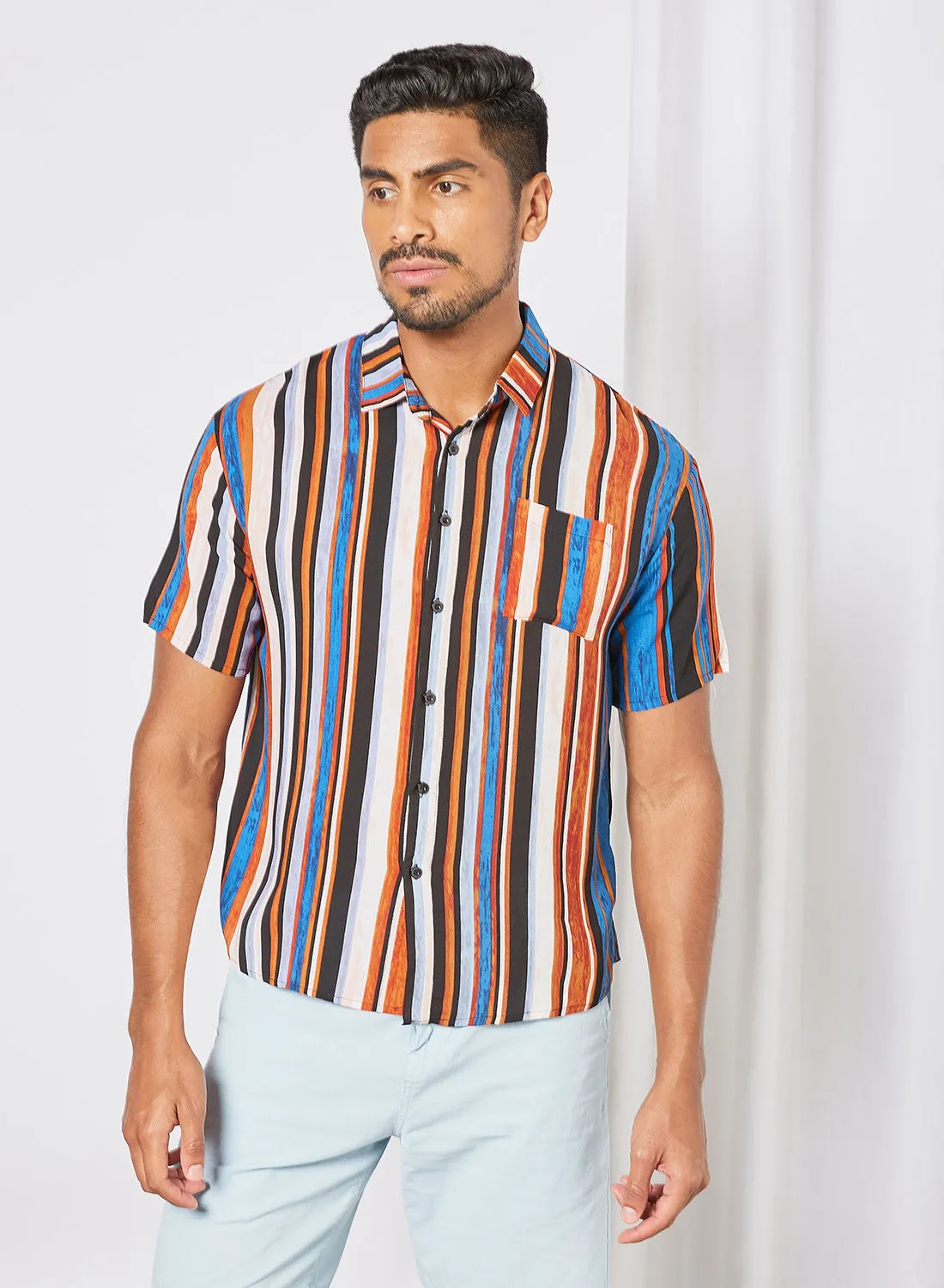 QUWA Casual Stripes Short Sleeves Woven Shirt with Pocket Blue/Brown Stripe/White