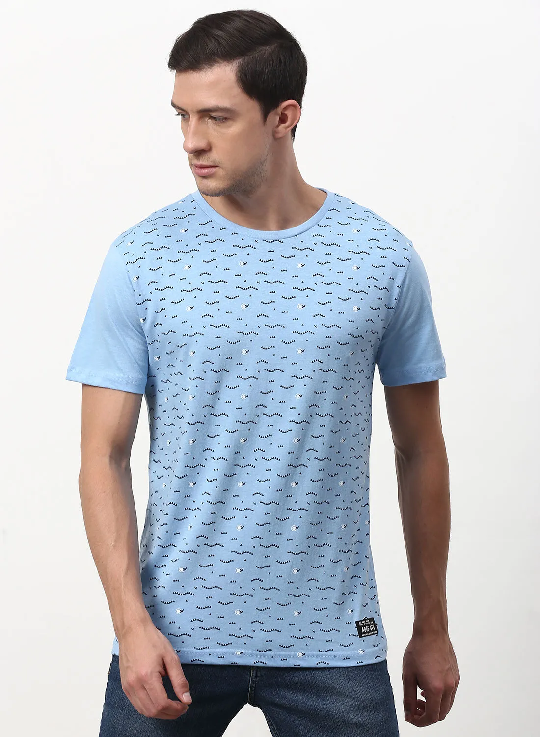 ABOF Animal Print Crew Neck Regular Fit T-Shirt Sky Blue/Black