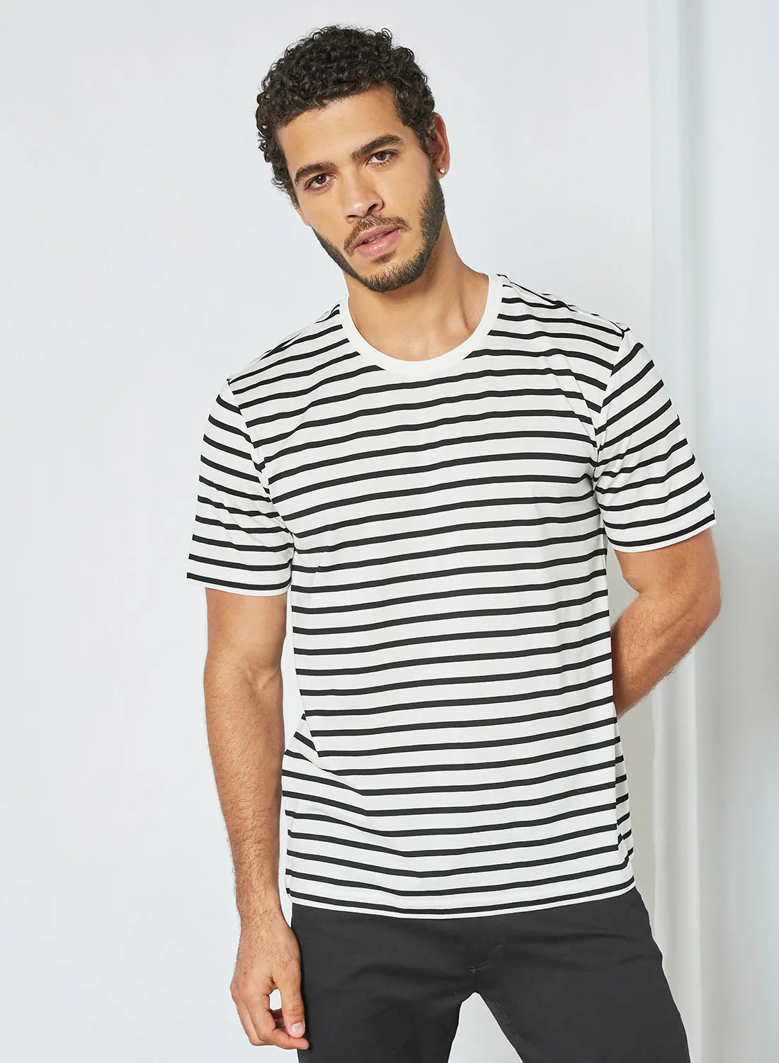 MANGO Monochrome Striped Print T-Shirt White/Black