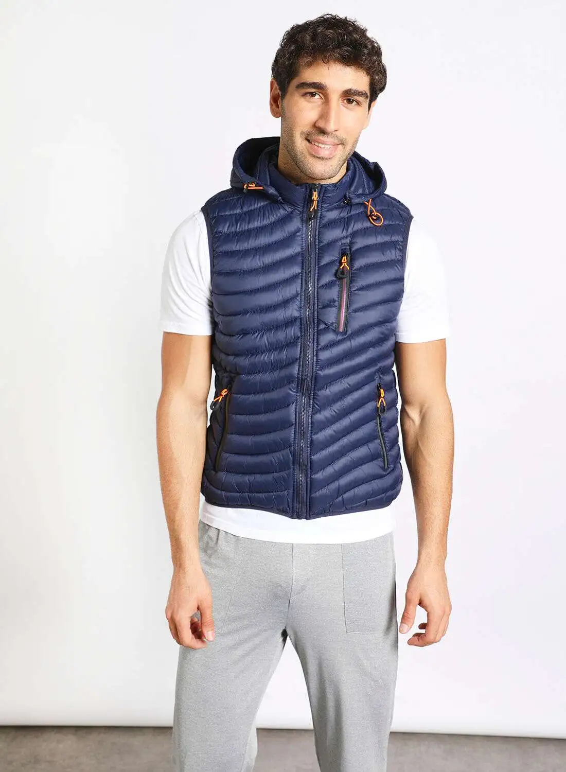 Athletiq Men's Casual Hooded And Side Pockets Detail Puffer Vest Jacket Royal
