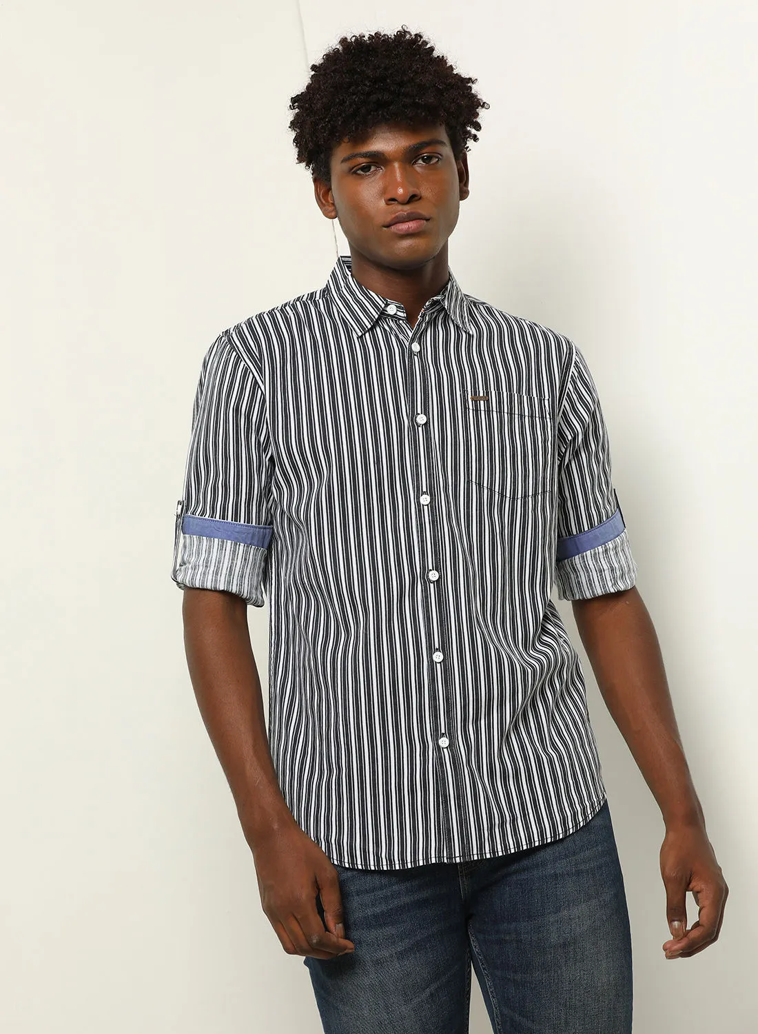 ABOF Stripes Pattern Pocket Detail Regular Fit Collared Neck Shirt Multicolour